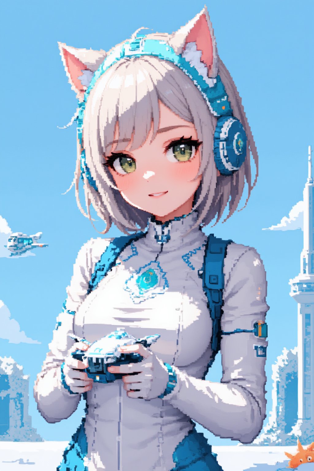 a kawaii girl in a futuristic world. The character is a young woman in a tight-fitting white spacesuit with neon blue details. She wears a transparent helmet with integrated cat ears and her hair is short and silver, with holographic highlights. His eyes are large and bright, emerald green, and he has a curious and cheerful expression. In her hands, she holds a small floating drone with blinking lights. Around her, the landscape shows a futuristic city with glass skyscrapers and flying vehicles. The color palette includes metallic tones, bright whites and neon accents of blue and green, Pixel Art.