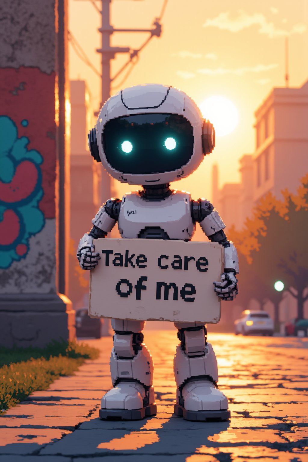 cute robot, holding a sign, white robot, sign says “Take care of me”, city in the background, sunset, graffiti on the wall, looking at the viewer, masterpiece, 8k, stunning image, Pixel Art.