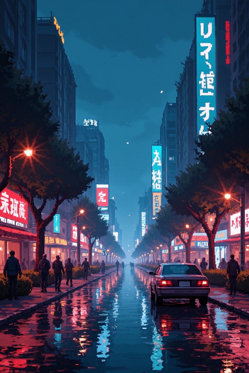 an impressive landscape: a wet street at night in a huge cyberpunk city, reflection, raining, people walking, parked car, neon lights everywhere, Pixel Art.