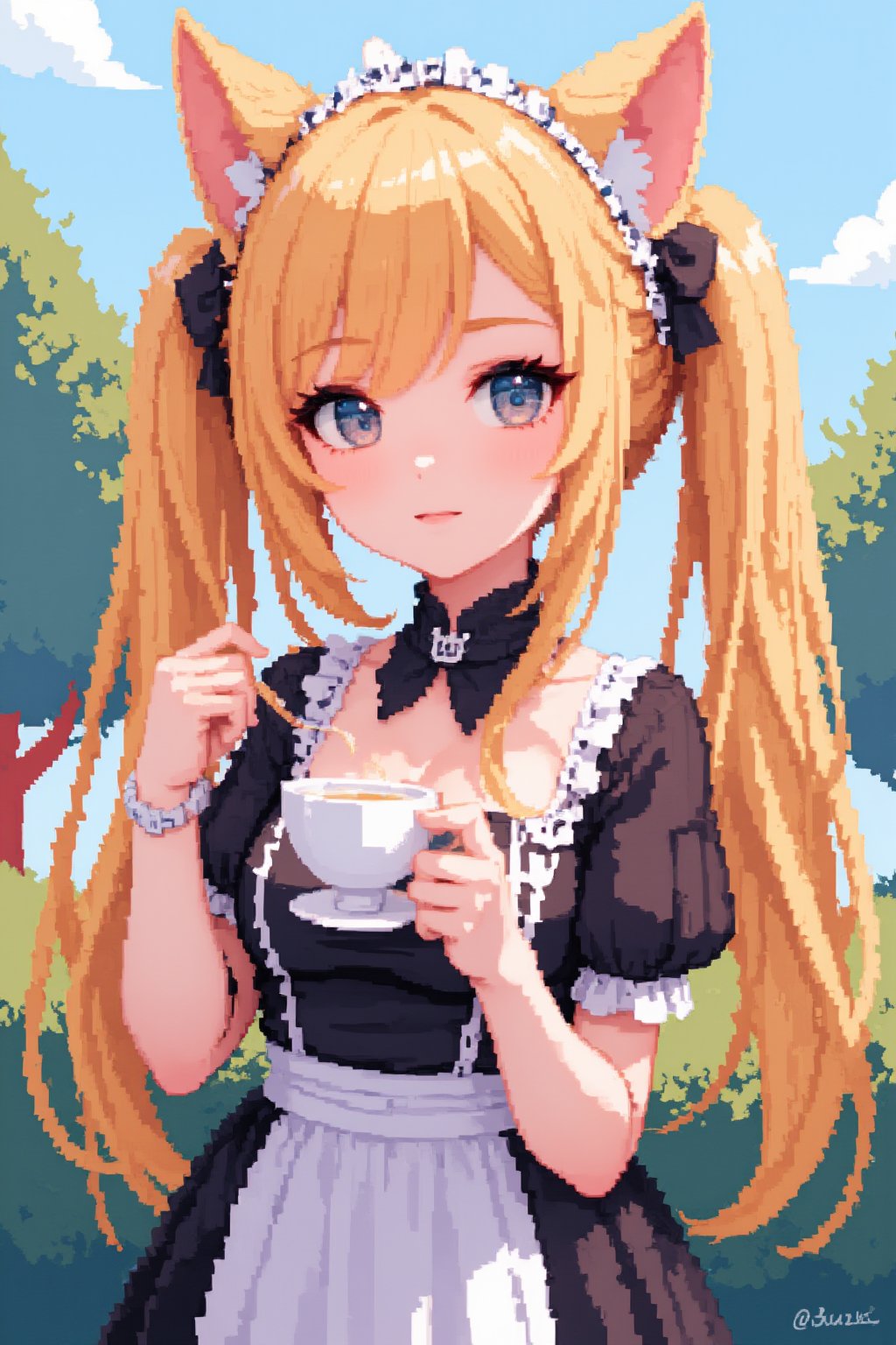 cute girl, cat girl, blonde hair, twintails, fake cat eats, full boding, holding a tea cup, mansion in background, maid costume, blue eyes, cute paw pose, looking at the viewer, masterpiece, 8k, stunning image, Pixel Art.