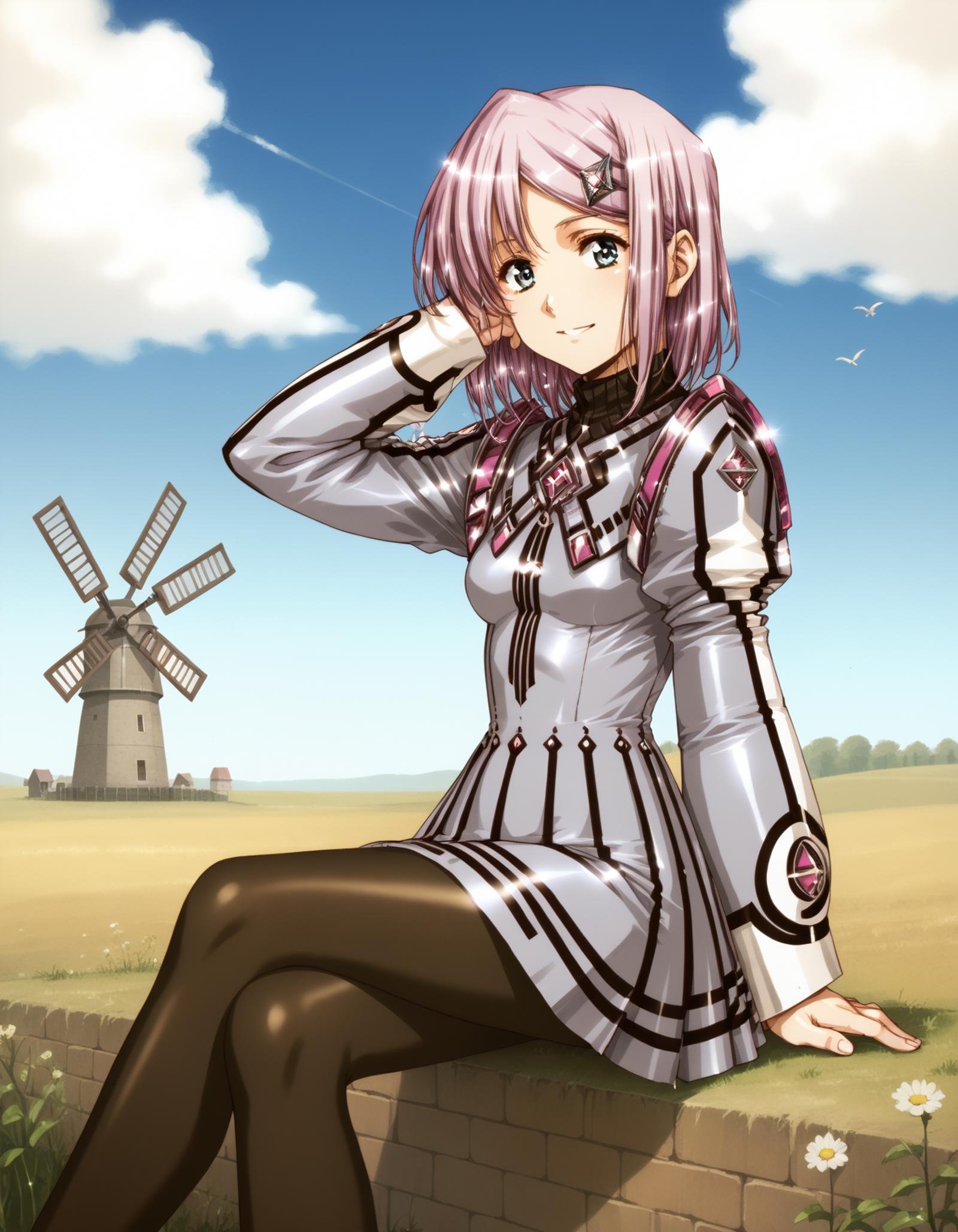 score_9,  score_8_up, score_7_up <lora:neilis-ponyxl-000024:1> neilis, hairclip, turtleneck, dress, pantyhose,1girl, sitting, hand in own hair, light smile, field, blue sky, windmill