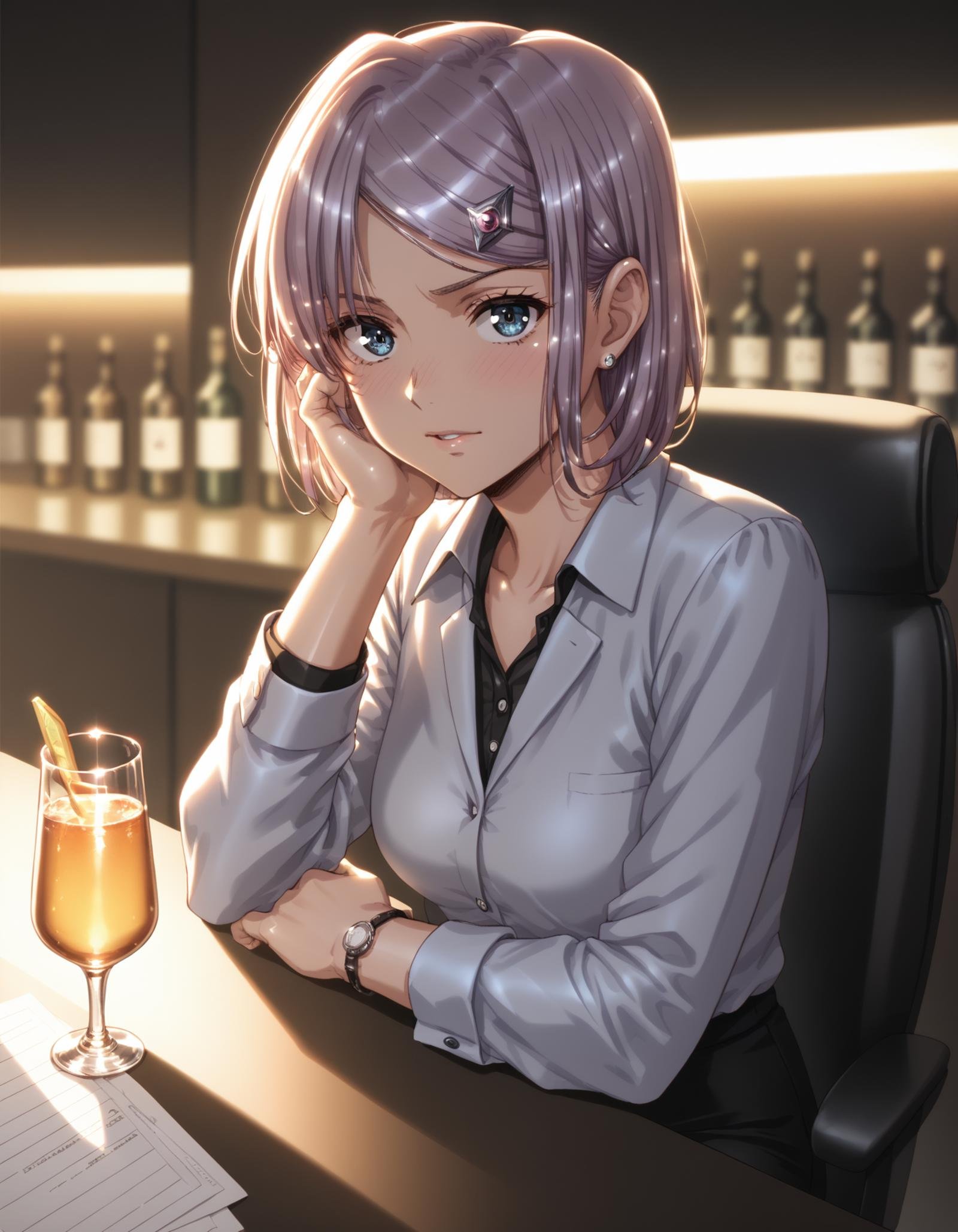 score_9,  score_8_up, score_7_up <lora:neilis-ponyxl-000024:1> neilis, hairclip, office lady,1girl, light blush, drinking glass, bar, dim lighting