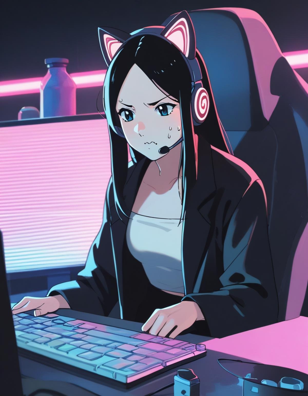 score_9,  score_8_up, score_7_up, source_anime, <lora:ray-animation-ponyxl:1> kasuganoray, parted bangs, black coat, black hair, tube top, black skirt,1girl, headset, gaming chair, cat ear headphones, neon lights, sweat, wavy mouth, monitor