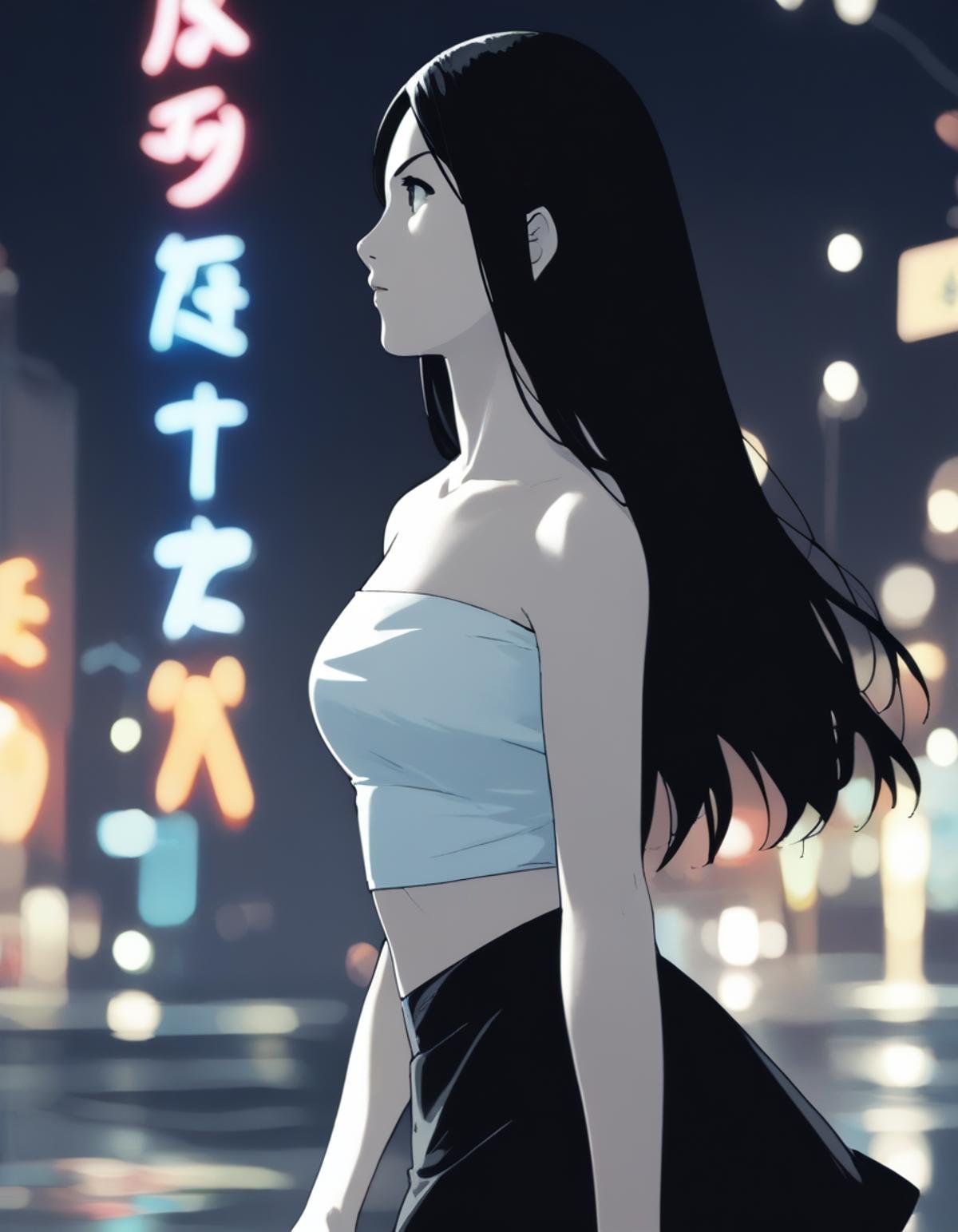 score_9,  score_8_up, score_7_up, source_anime, <lora:ray-animation-ponyxl:1> kasuganoray, pale skin, black hair, tube top, black skirt, microskirt,1girl, solo, upper body,walking, from side, night, neon lights, city lights