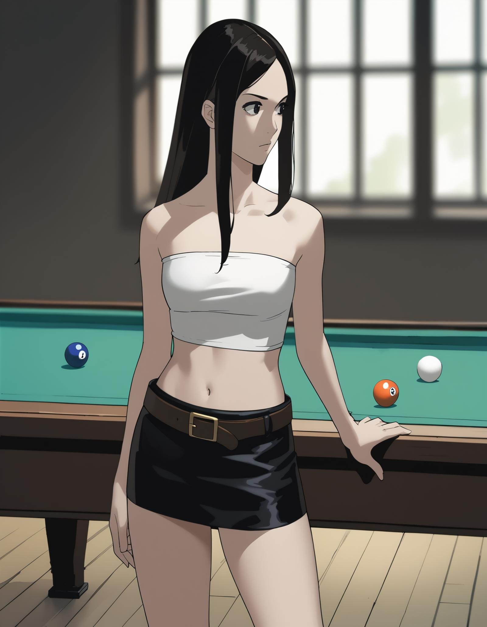 score_9,  score_8_up, score_7_up, source_anime, <lora:ray-animation-ponyxl:1> kasuganoray, pale skin, black hair, tube top, black skirt, microskirt, belt,1girl, solo, pool table, standing, looking away