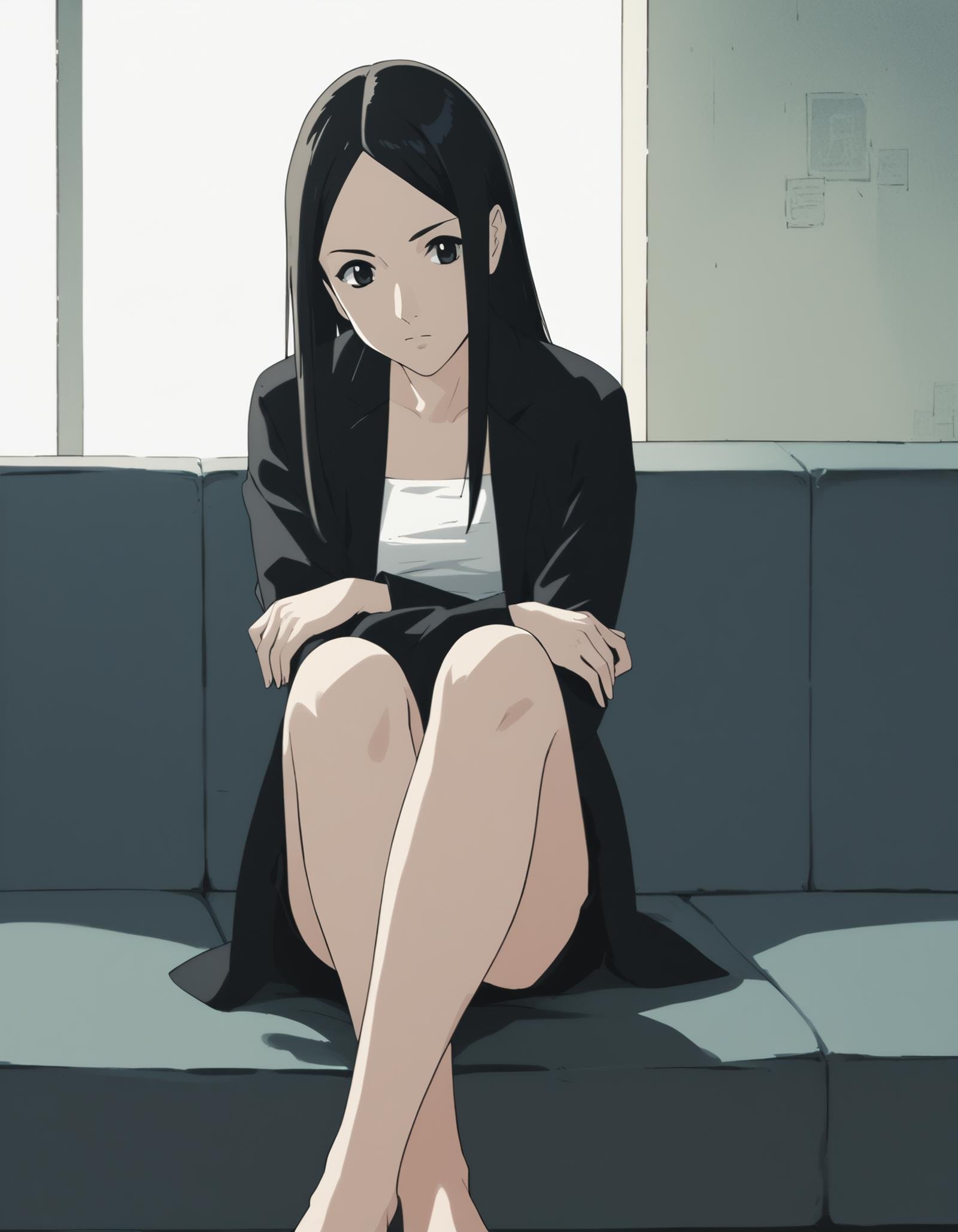 score_9,  score_8_up, score_7_up, source_anime, <lora:ray-animation-ponyxl:1> kasuganoray, black coat, black hair, tube top, black skirt,1girl, sitting, indoors, crossed arms, hugging own legs, closed mouth, looking at viewer, upper body, bedroom