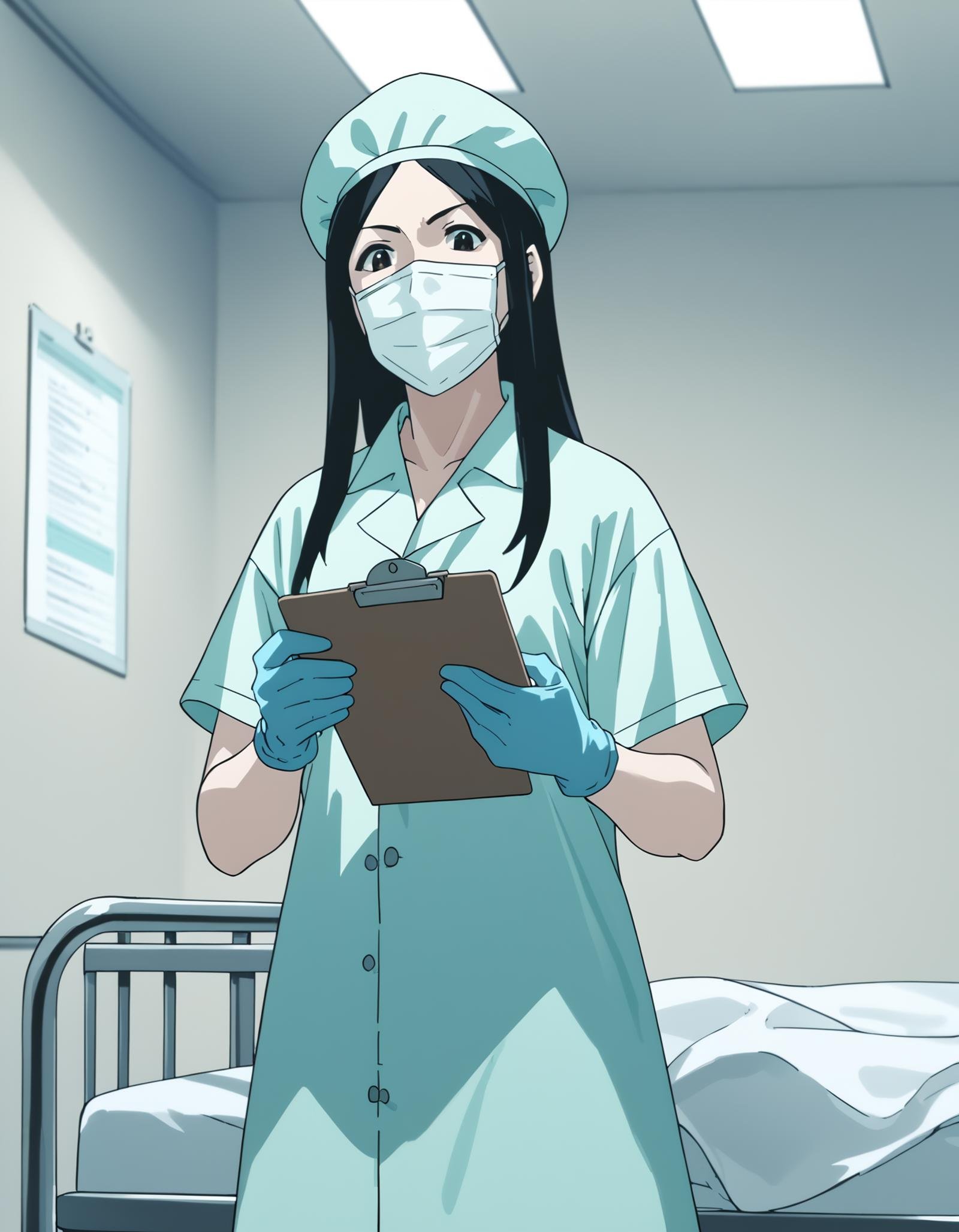 score_9,  score_8_up, score_7_up, source_anime, <lora:ray-animation-ponyxl:1> kasuganoray, pale skin, long hair, scrubs, surgical mask, surgical cap,1girl, solo, rubber gloves, clipboard, looking down, furrowed brow, privacy screen, hospital bed, standing