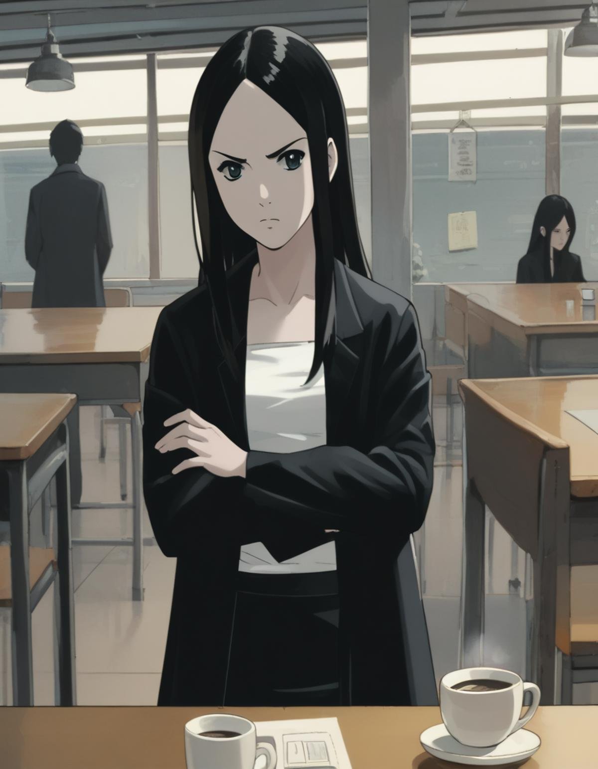 score_9,  score_8_up, score_7_up, source_anime, <lora:ray-animation-ponyxl:1> kasuganoray, pale skin, black coat, black hair, tube top, black skirt,1girl, pov across table, coffee, looking to the side, crossed arms, annoyed, booth seating