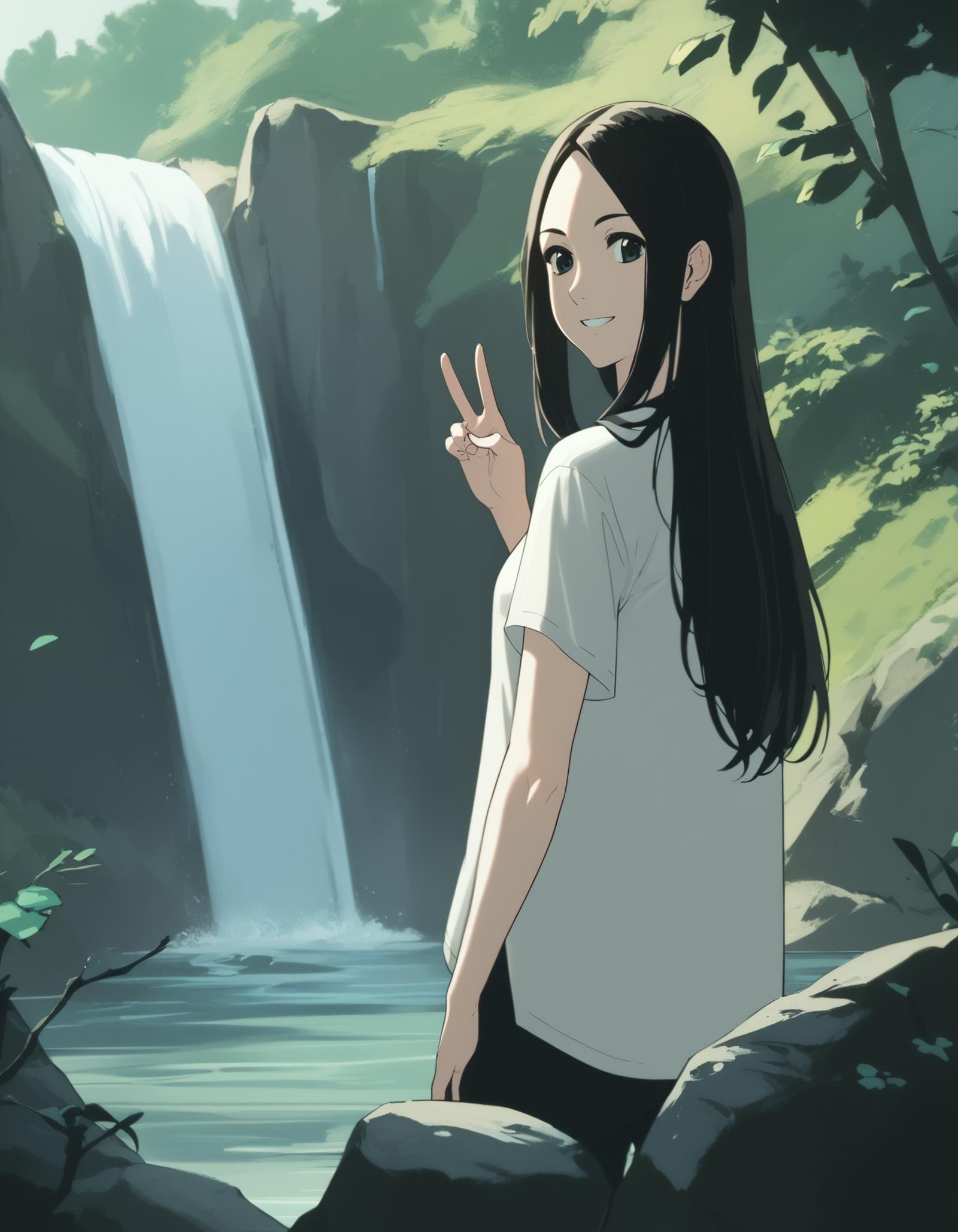 score_9,  score_8_up, score_7_up, source_anime, <lora:ray-animation-ponyxl:1> kasuganoray, long hair, parted bangs,1girl, waterfall, hiking, looking back, looking at viewer, v, smile