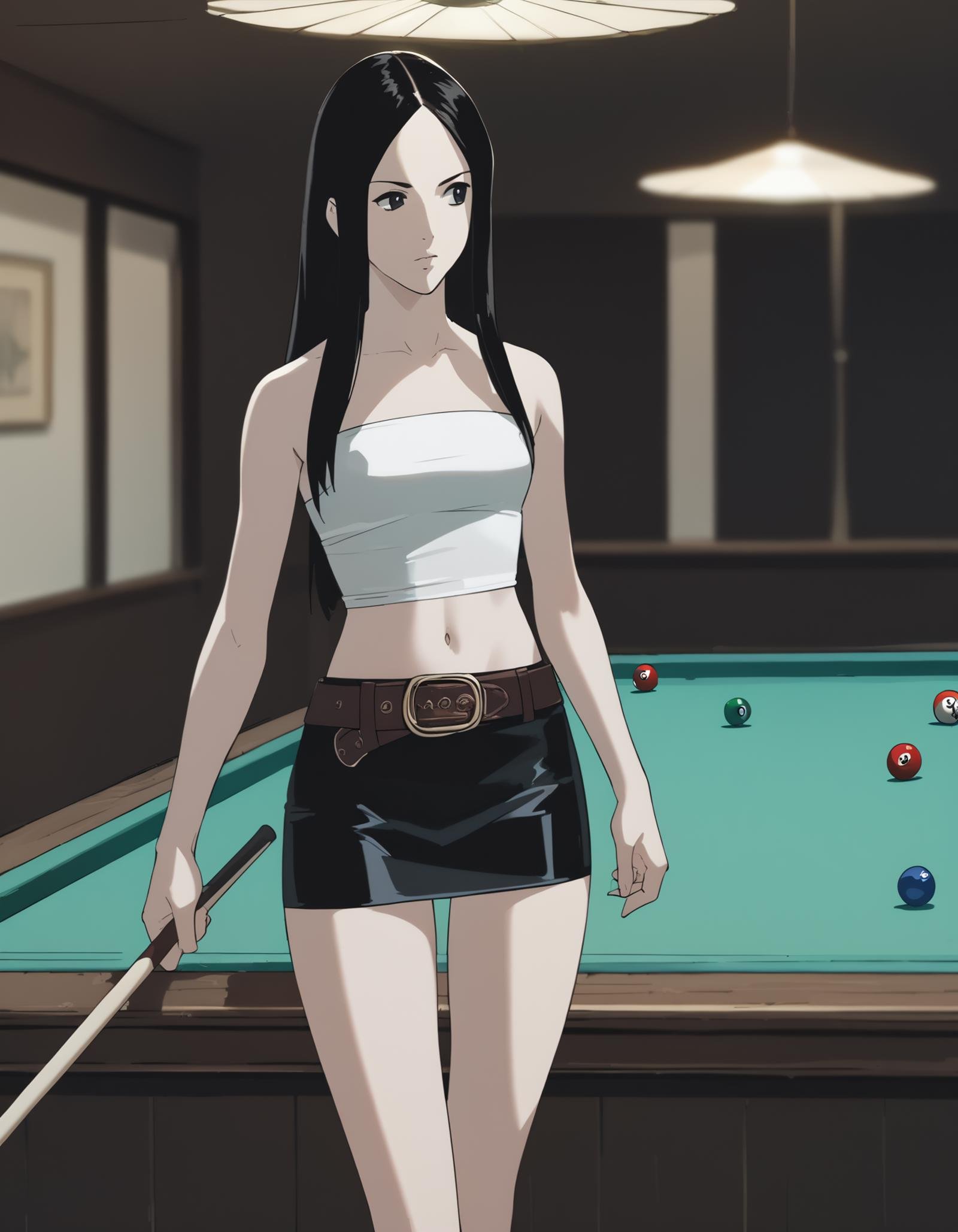 score_9,  score_8_up, score_7_up, source_anime, <lora:ray-animation-ponyxl:1> kasuganoray, pale skin, black hair, tube top, black skirt, microskirt, belt,1girl, solo, pool table, standing, looking away