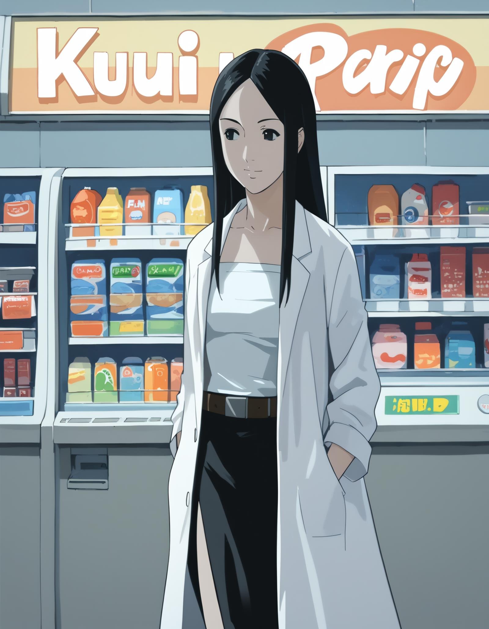 score_9,  score_8_up, score_7_up, source_anime, <lora:ray-animation-ponyxl:1> kasuganoray, pale skin, lab coat, black hair, long hair, tube top, black skirt, belt,1girl, vending machine, looking to the side, smile, hospital