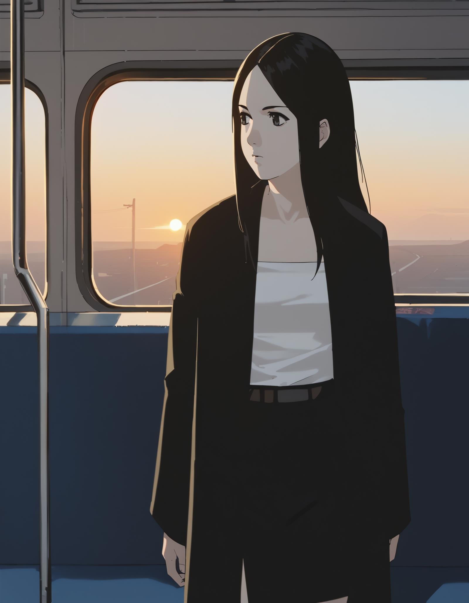 score_9,  score_8_up, score_7_up, source_anime, <lora:ray-animation-ponyxl:1> kasuganoray, pale skin, black coat, black hair, tube top, black skirt,1girl, train interior, hand grip, looking to the side, sunset