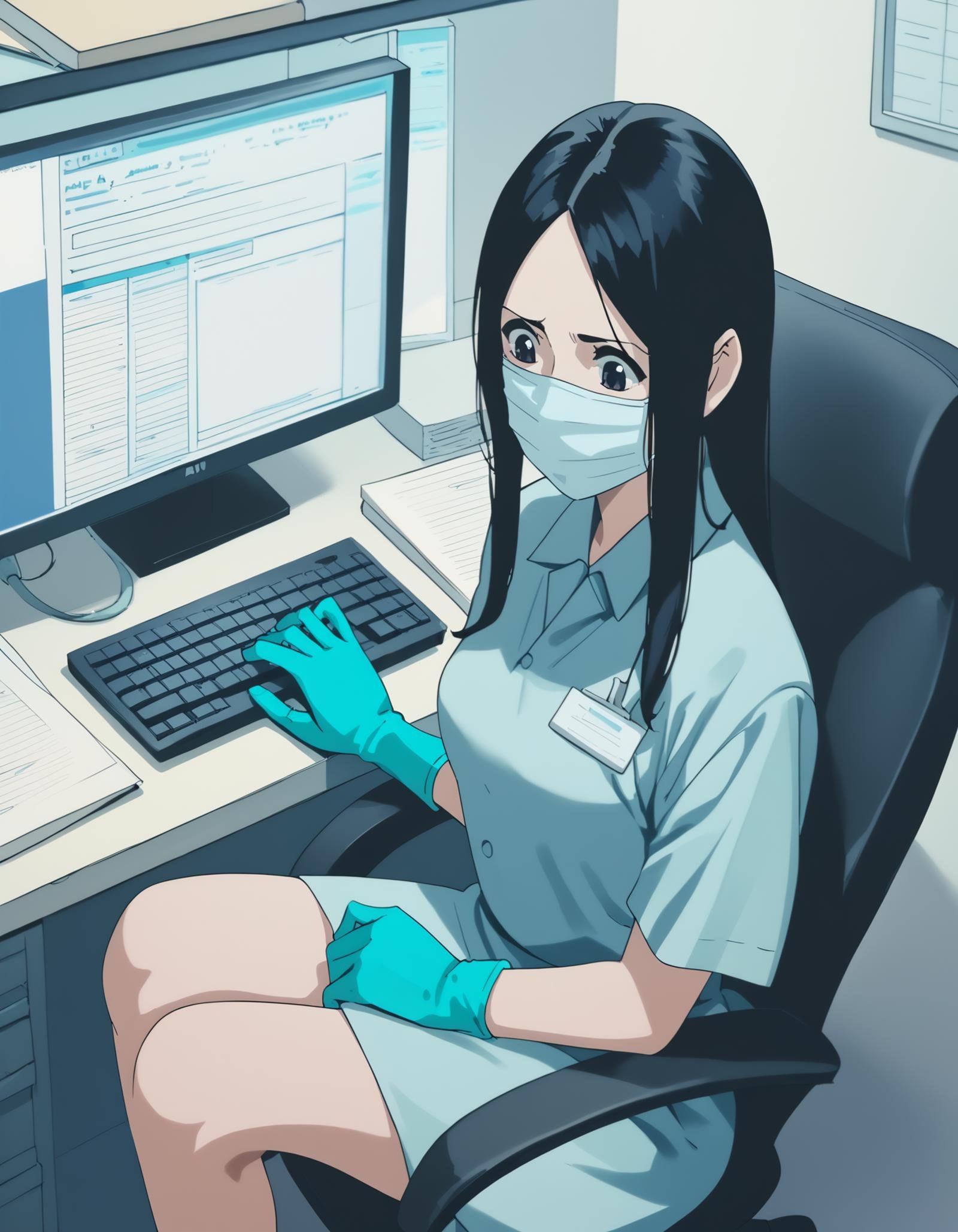 score_9,  score_8_up, score_7_up, source_anime, <lora:ray-animation-ponyxl:1> kasuganoray, pale skin, long hair, scrubs, surgical mask,1girl, solo, rubber gloves, sitting, office, keyboard, monitor, worried