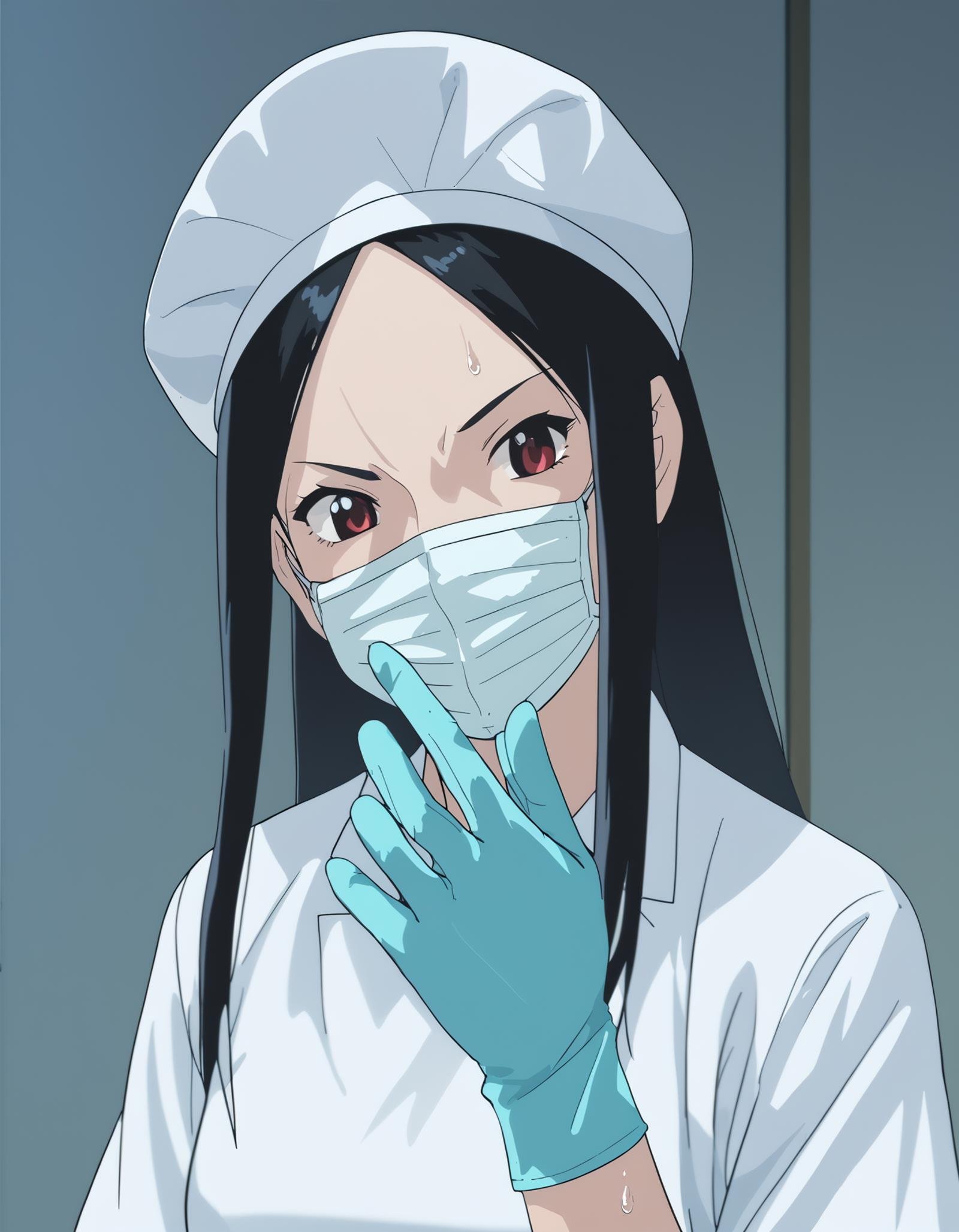 score_9,  score_8_up, score_7_up, source_anime, <lora:ray-animation-ponyxl:1> kasuganoray, pale skin, long hair, scrubs, surgical mask, surgical cap,1girl, solo, rubber gloves, sweat, surgery