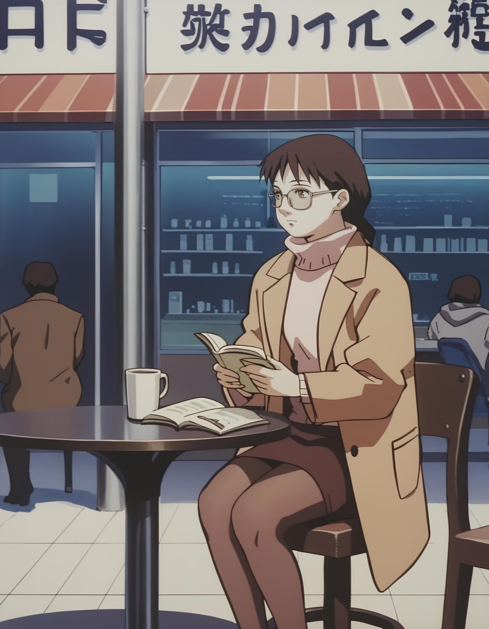 score_9,  score_8_up, score_7_up, source_anime, <lora:boogiepop-2000-ponyxl:0.85> 1girl, suema kazuko, glasses, coat, turtleneck sweater, brown skirt, pantyhose, sitting, chair, studying, cafe