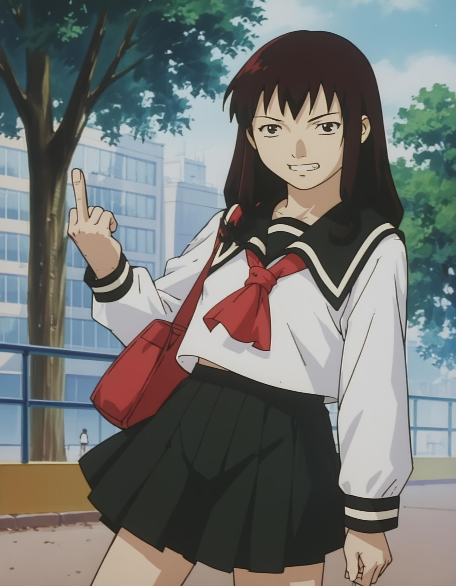 score_9,  score_8_up, score_7_up, source_anime, <lora:boogiepop-2000-ponyxl:0.85> 1girl, kirima nagi, serafuku, pleated skirt, middle finger, grin, looking at viewer, outdoors, playground