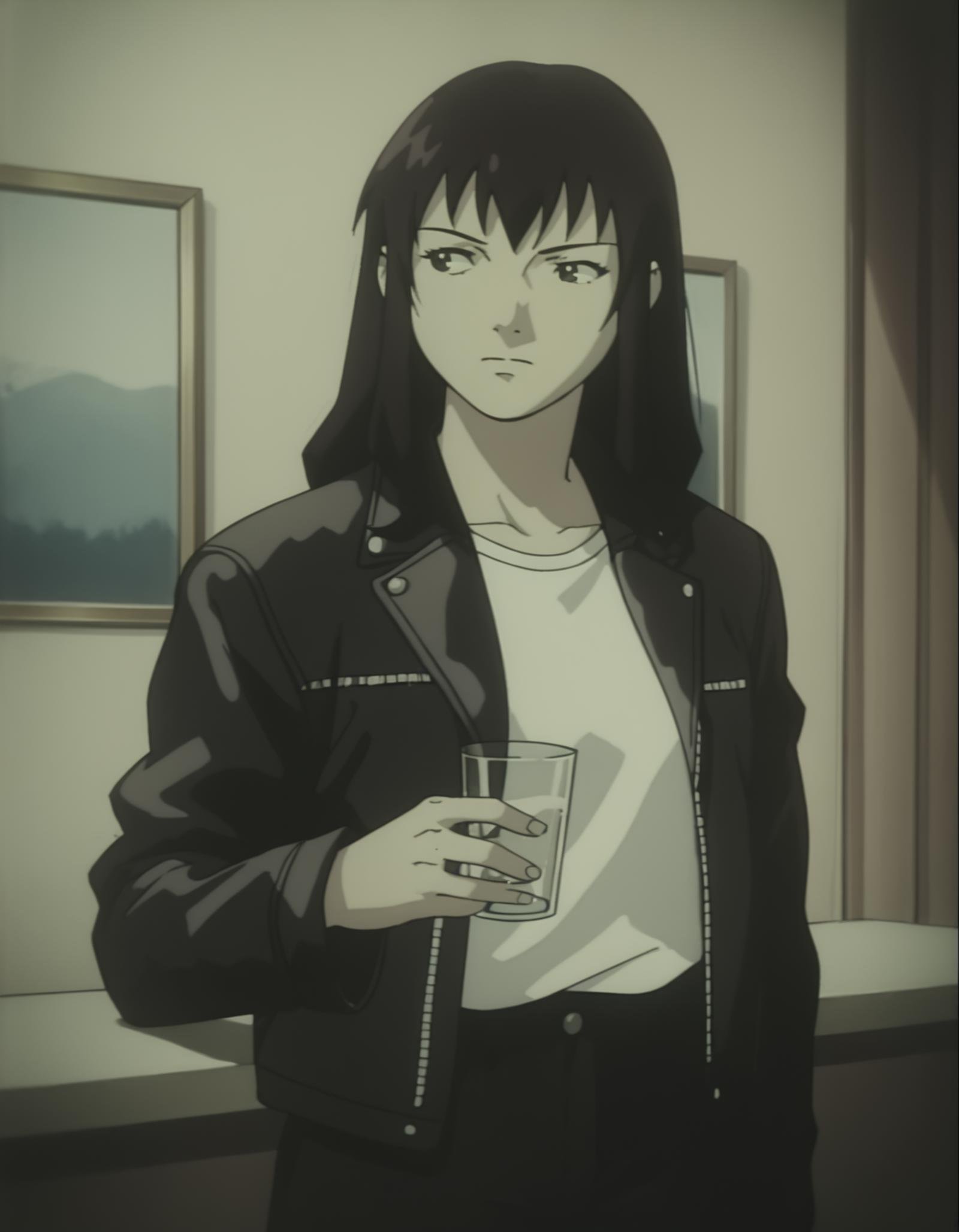 score_9,  score_8_up, score_7_up, source_anime, <lora:boogiepop-2000-ponyxl:0.85> 1girl, kirima nagi, leather jacket, white shirt, looking to the side, indoors, shot glass, muted color