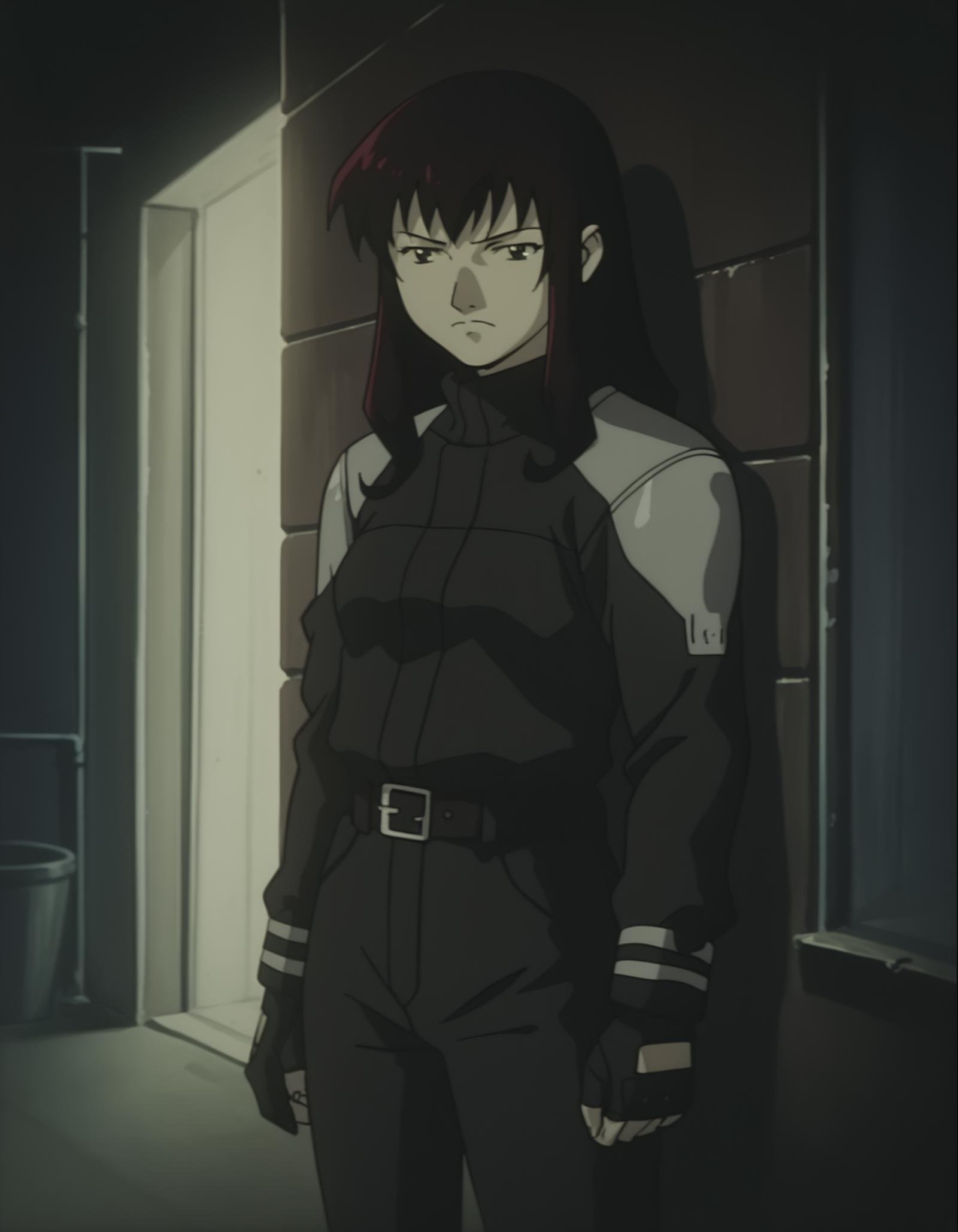 score_9,  score_8_up, score_7_up, source_anime, <lora:boogiepop-2000-ponyxl:0.85> 1girl, kirima nagi, black bikesuit, belt, pants, night, alley, looking at viewer, frown, upper body, muted color