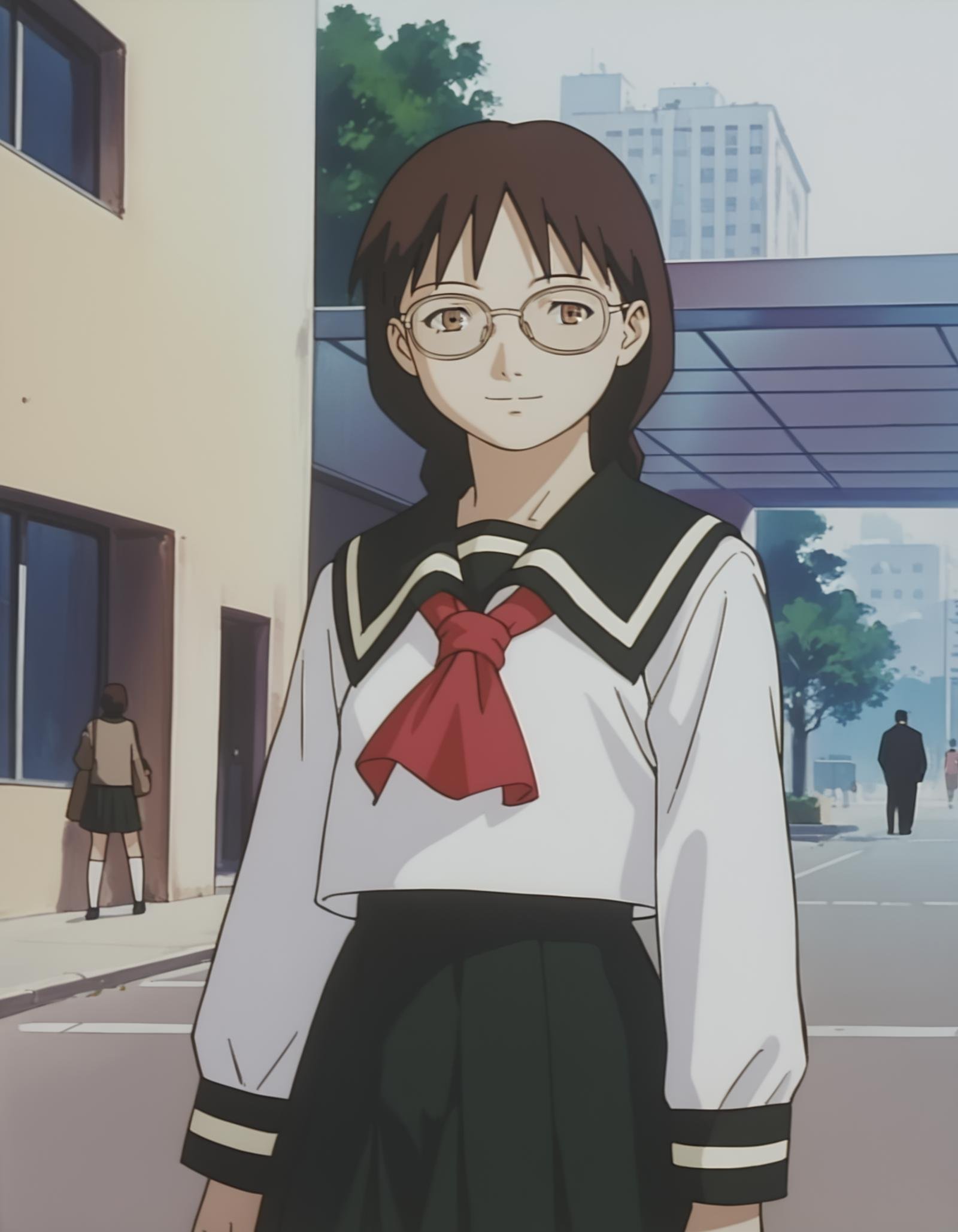 score_9,  score_8_up, score_7_up, source_anime, <lora:boogiepop-2000-ponyxl:0.85> 1girl, suema kazuko, glasses, light smile, serafuku, pleated skirts, sidewalk, upper body