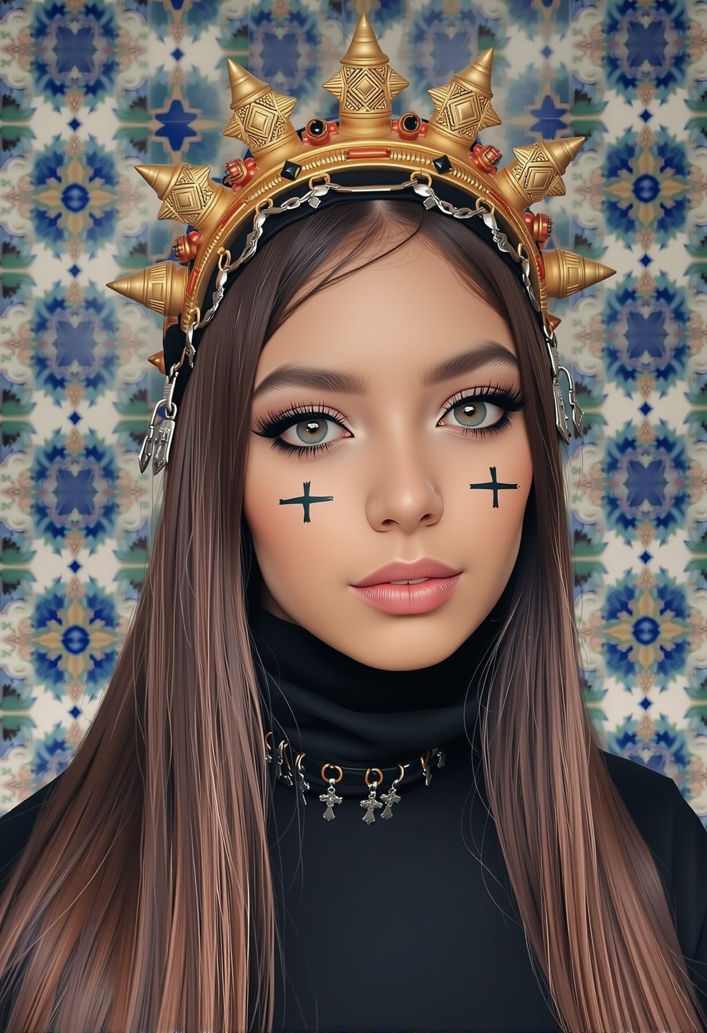 This is a high-resolution photograph of a young woman with a striking appearance. She has long, straight, dark hair cascading over her shoulders and is adorned with an elaborate, ornate crown-like headpiece. The headpiece is made of gold and features intricate, geometric patterns and small, dangling jewels. Her skin is a light olive tone, and she has a symmetrical, slender face with a smooth complexion. Her eyes are accentuated with dramatic, smoky black eye makeup, and she wears a light pink lipstick. Her face is adorned with several black cross tattoos positioned symmetrically on her forehead, nose, and chin, adding a bold and distinctive element to her look. She is dressed in a high-neck, black turtleneck sweater, which contrasts sharply with her fair skin and the colorful background. The background is a tiled wall covered in intricate, geometric patterns in shades of blue, white, and green, typical of Moorish or Islamic design. The tiles are arranged in a symmetrical, repeating pattern, adding a rich cultural texture to the image. The overall composition is balanced, with the subject centered against the vibrant backdrop, creating a visually striking and culturally rich image.,atbmrn Headdress