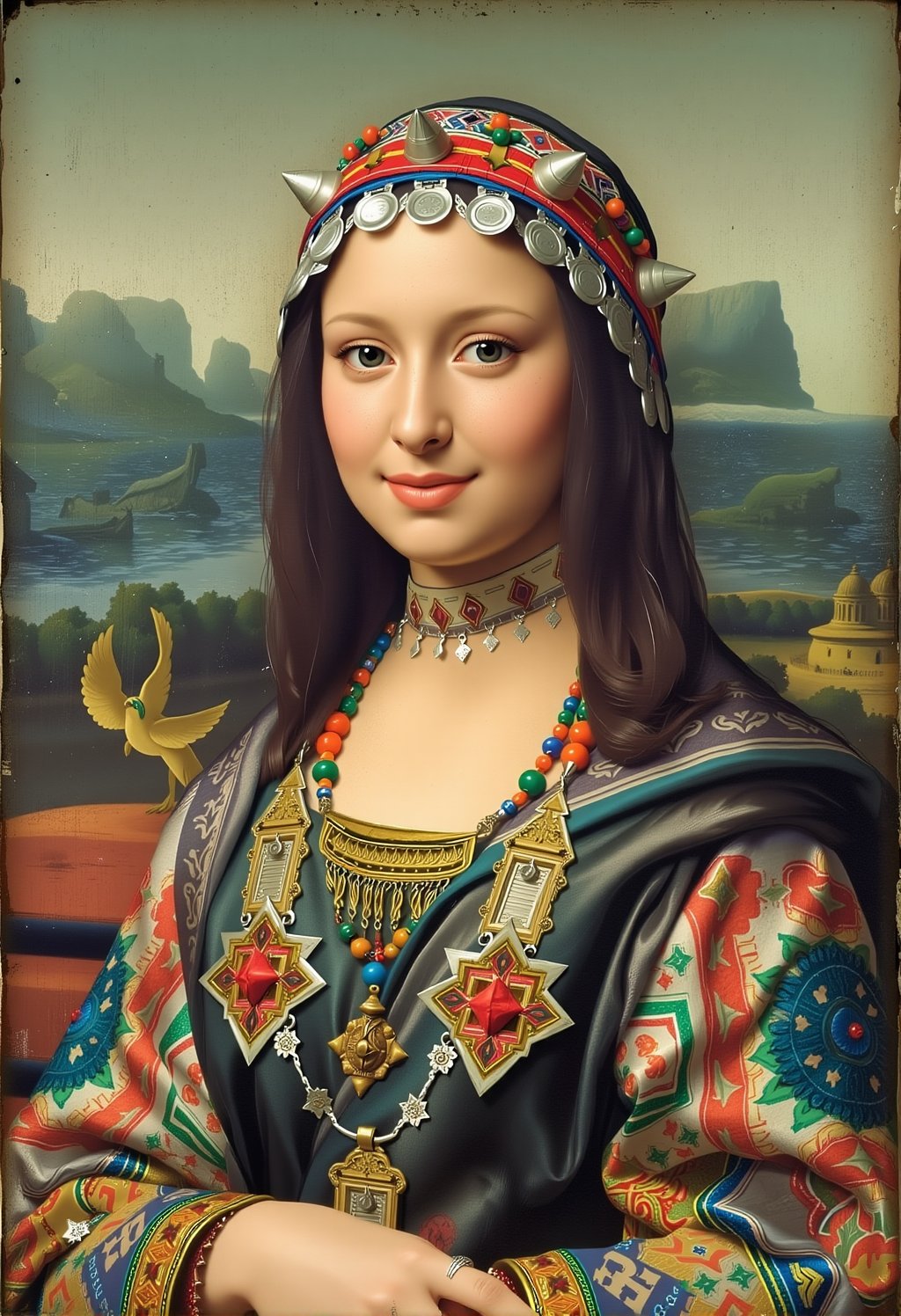 The Mona Lisa is now depicted wearing a traditional Moroccan kaftan with intricate embroidery and a colorful atbmrn.