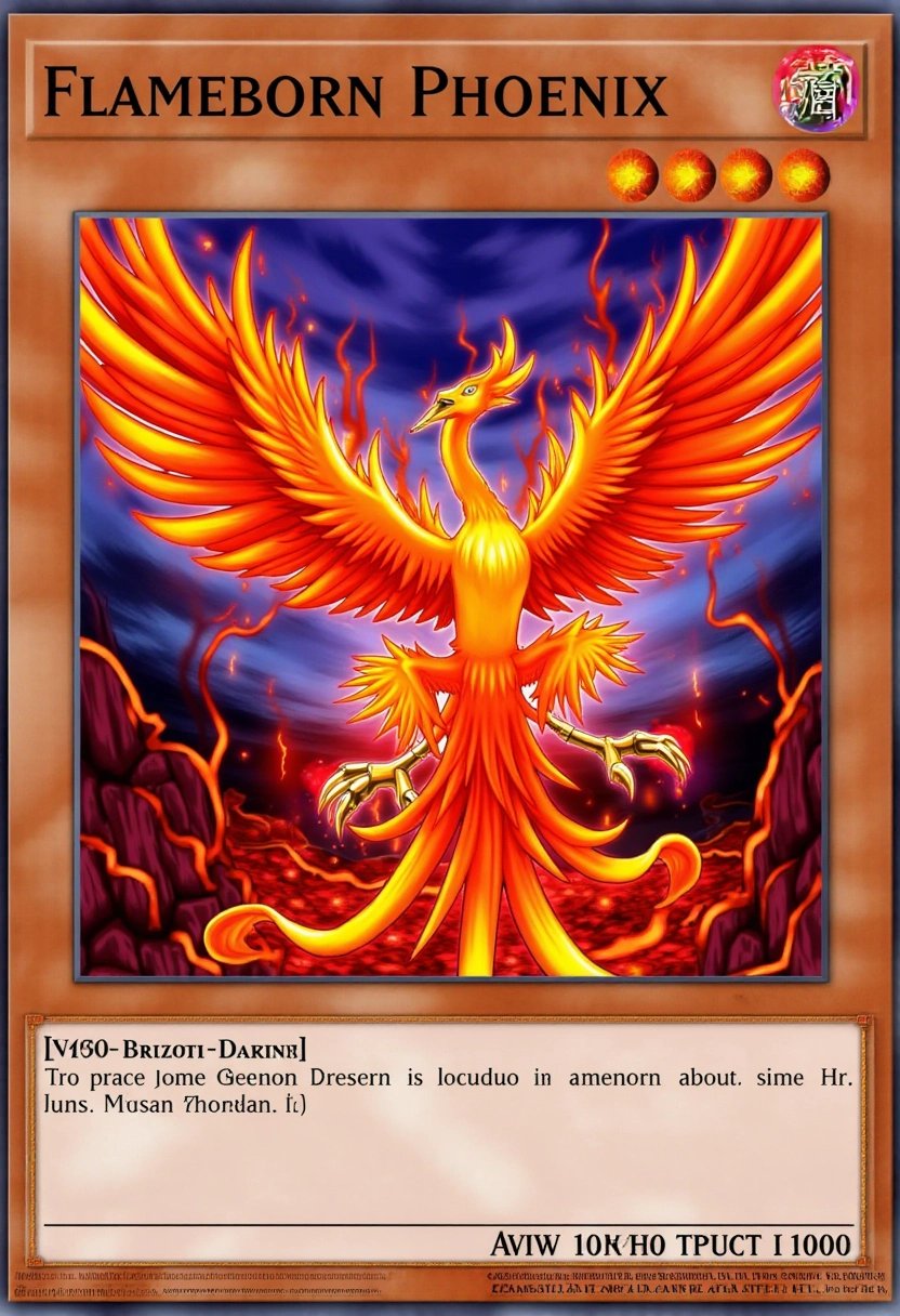 This image is a digital artwork of a Yu-Gi-Oh! trading card showcasing "Flameborn Phoenix." The card features a highly stylized illustration of a fiery phoenix, its wings outstretched as it rises from a bed of molten lava. The phoenixâs body glows with intense red and orange flames, while its golden talons and beak gleam in the light. The background is filled with volcanic eruptions and glowing embers, giving the card a sense of rebirth and destruction. The cardâs borders are adorned with swirling fire motifs and volcanic rock textures, enhancing the birdâs fiery, immortal nature.