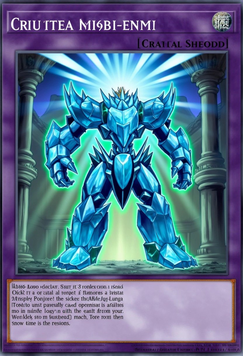 A towering crystal golem stands in the center of an ancient temple, its body made of translucent gemstones that refract light in all directions. The golemâs massive arms are poised for battle, and energy pulses from its core, creating a radiant aura around it. Surrounding the golem are shattered pillars and glowing runes, while beams of magical light pierce through the templeâs ceiling, illuminating the scene with mystical power. The cardâs design features intricate crystal patterns, emphasizing the golemâs immense strength and unbreakable form.