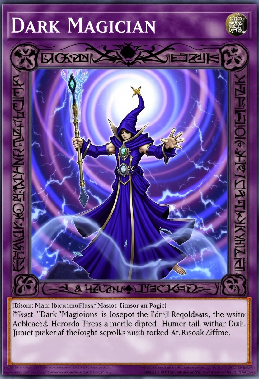 This trading card showcases the ethereal "Dark Magician," cloaked in deep violet robes adorned with arcane symbols. He stands poised in a dynamic spell-casting stance, his glowing staff raised high as magical energy spirals around him. His piercing eyes are locked onto his opponent, while the surrounding air crackles with the power of dark magic. Behind him, swirling vortexes of light and shadow create an ominous atmosphere, hinting at his mastery over the arcane. The cardâs border is embellished with mystic runes and swirling energy patterns, reinforcing the Dark Magician's role as the ultimate spellcaster