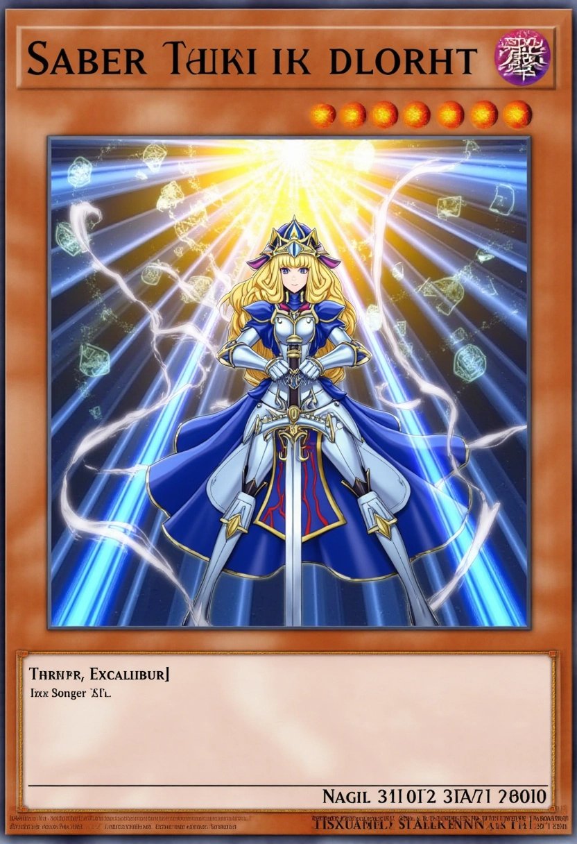 This image is a digital artwork of a Yu-Gi-Oh! trading card featuring Saber from the Fate/Stay Night franchise. The card showcases Saber in her elegant blue and silver armor, holding her sword Excalibur with a regal and commanding presence. Her determined expression and glowing aura convey her noble spirit and combat prowess. The background features a grand, medieval battlefield with swirling magical energy and bright, radiant light. The cardâs frame is adorned with knightly motifs and magical runes, reflecting Saberâs legendary status and heroic nature.