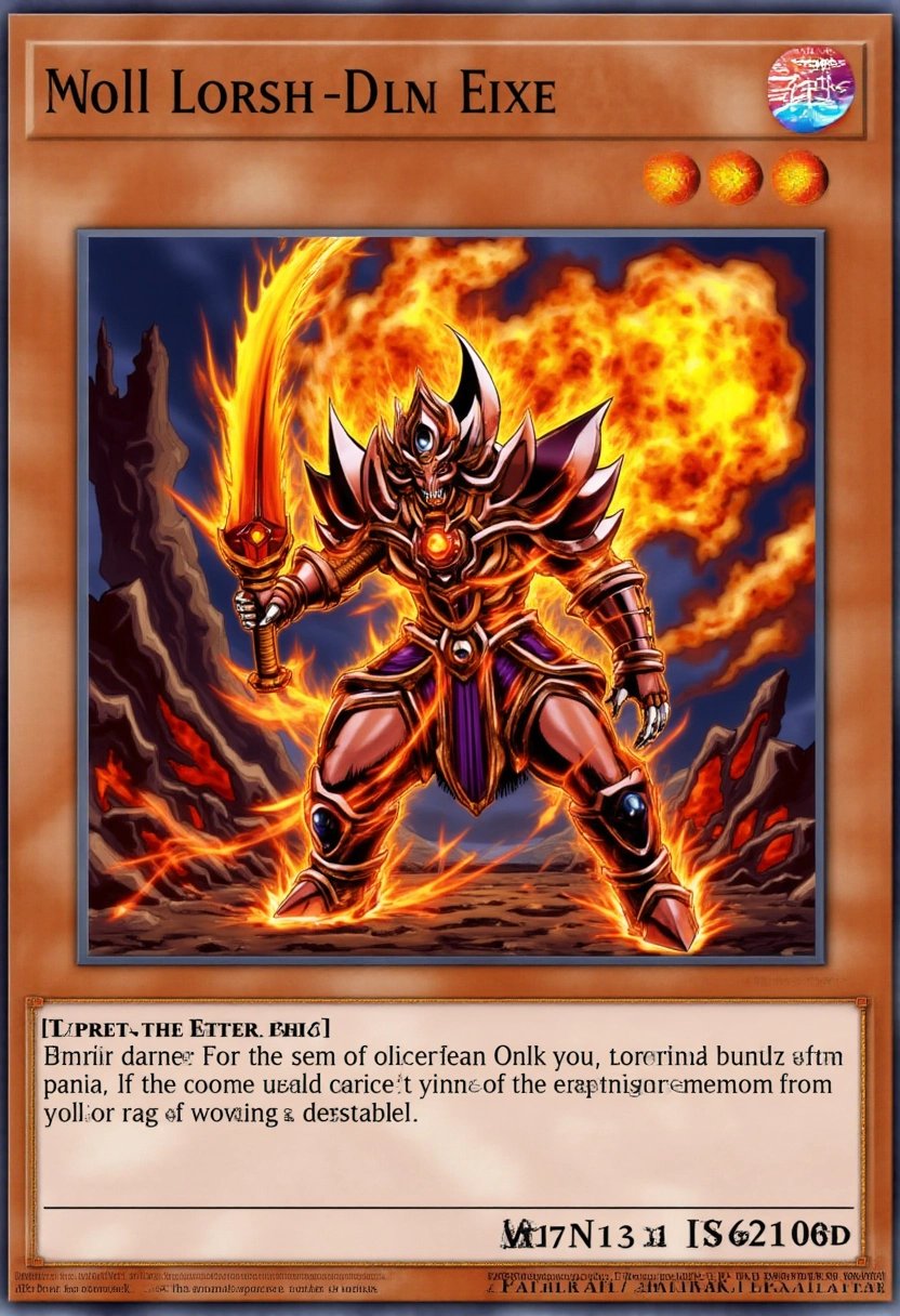 A trading card showcases a fierce, flame-wreathed warrior with molten armor, standing amid a volcanic landscape. His crimson sword burns with intense fire, and lava flows beneath his feet as he prepares for battle. His eyes glow with determination, and the surrounding air shimmers with heat and embers. The card's design is framed with fire runes and molten patterns, enhancing the fiery intensity of the scene, as if the warrior himself was forged from the core of a volcano.