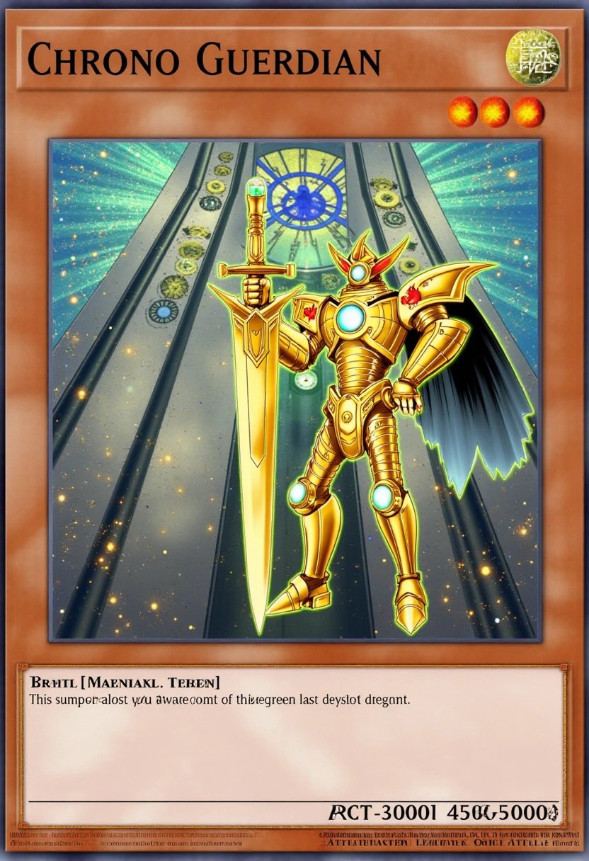 This image is a digital artwork of a Yu-Gi-Oh! trading card featuring "Chrono Guardian." The card presents a stylized illustration of a clockwork knight, its body constructed from golden gears and shining metal plates. The figure stands tall, holding a giant, glowing clock-hand sword, its eyes glowing with a soft blue light. Behind the guardian, a massive clock tower looms, with its gears turning and glowing as time flows around it. The background features shimmering stardust and ancient gears spinning in the sky. The cardâs frame is decorated with intricate mechanical patterns and clock faces, reflecting the guardianâs mastery over time.