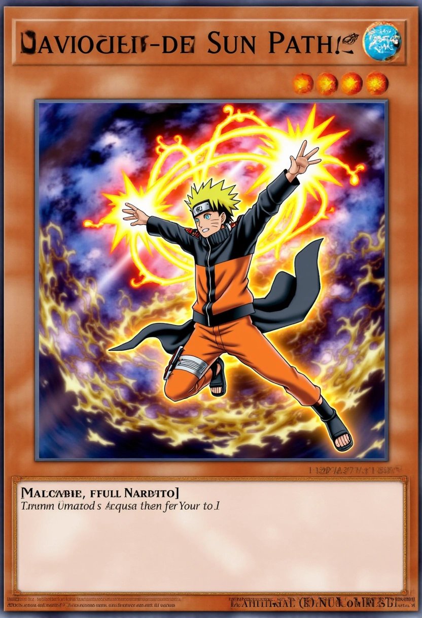 This image is a digital artwork of a Yu-Gi-Oh! trading card depicting Naruto Uzumaki from the Naruto franchise. The card features Naruto in his Sage of Six Paths mode, with vibrant, swirling chakra energy enveloping him. His distinctive orange and black outfit and glowing eyes emphasize his transformation and mastery of powerful techniques. The background shows a dynamic scene with swirling chakra and energy bursts, capturing the intensity of Narutoâs battles. The cardâs design is framed with intricate patterns representing his connection to the Nine-Tails and his ninja abilities