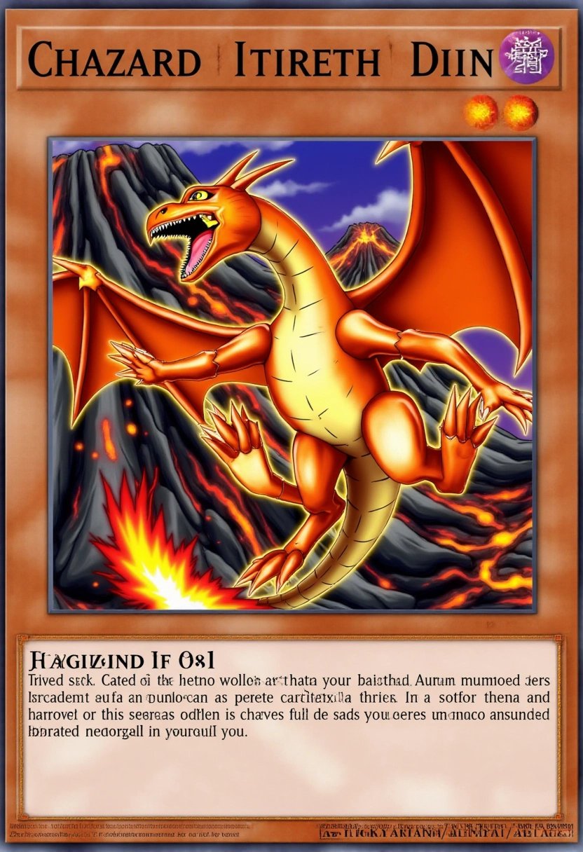 This image is a digital artwork of a Yu-Gi-Oh! trading card depicting Charizard. The card displays the powerful fire-type PokÃ©mon mid-flight, with its large wings spread wide as it soars over a volcanic landscape. Charizardâs orange scales gleam in the light of the molten lava below, and its tail flame burns fiercely, leaving a trail of embers in the air. The background features erupting volcanoes and swirling smoke, adding a sense of intensity and destruction to the scene. The cardâs frame is detailed with fiery motifs and molten rock designs, emphasizing Charizardâs dominance over fire.