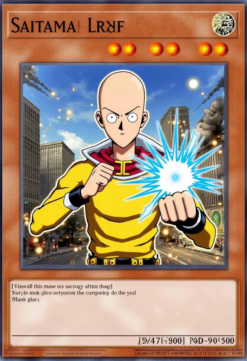 This image is a digital artwork of a Yu-Gi-Oh! trading card depicting Saitama. The card features Saitama in his iconic hero costume, with a calm and unbothered expression as he prepares to unleash his powerful punch. His plain demeanor contrasts with the intense, swirling energy emanating from his fist. The background shows a dramatic, city-destroying battle scene with explosive impacts and energy blasts. The cardâs frame is adorned with dynamic impact patterns and hero-themed symbols, capturing Saitamaâs overwhelming strength and nonchalant attitude