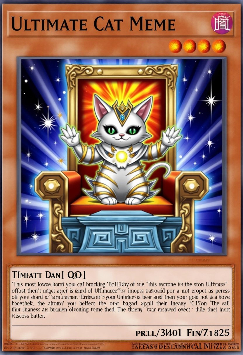 This image is a digital artwork of a Yu-Gi-Oh! trading card titled "Ultimate Cat Meme". The card features an adorable yet formidable cat meme character with an imposing presence. The cat has an exaggerated, confident expression with a crown and glowing aura, symbolizing its supreme power in the game. Its fur is adorned with shimmering patterns, and it sits on a throne made of sparkling, magical energy.The background is an opulent, fantasy realm with glittering stars and swirling cosmic energy, showcasing the catâs unparalleled dominance. The cardâs frame is richly decorated with golden, ornate patterns and mystical symbols, emphasizing its status as the most powerful card in the game. The cardâs effects and abilities are displayed with flashy, glowing text, highlighting its unbeatable power and ultimate supremacy in the game.