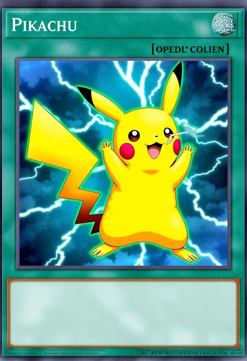 This image is a digital artwork of a Yu-Gi-Oh! trading card featuring Pikachu. The card showcases the iconic electric-type PokÃ©mon, standing confidently with its tail shaped like a lightning bolt. Pikachu's bright yellow fur glows as sparks of electricity crackle around its cheeks, ready to unleash a powerful Thunderbolt attack. The background is a stormy sky, with bolts of lightning flashing through dark clouds, amplifying Pikachu's electric prowess. The cardâs borders are adorned with jagged electric patterns and energy symbols, highlighting Pikachuâs speed and mastery over electricity.