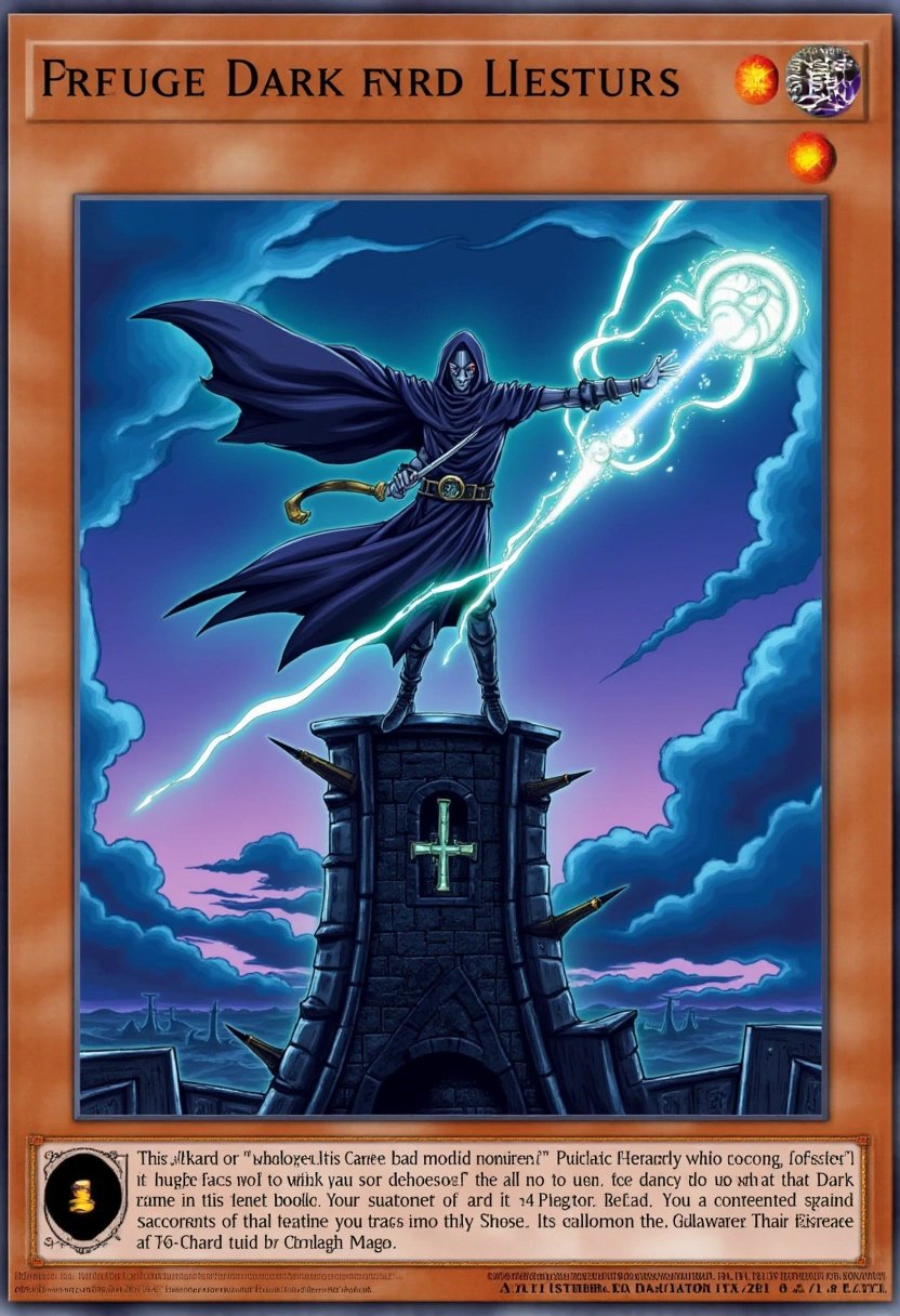 A trading card features an enigmatic sorcerer standing atop a crumbling ancient tower. The sorcererâs long, dark robes flow like shadows in the wind, and his glowing staff crackles with arcane energy. His piercing eyes gleam beneath a hood, locked in concentration as he conjures mystical symbols into the air. The sky is torn between twilight and storm, with swirling clouds and lightning framing the figure. The card's border is adorned with runes and magical glyphs, emphasizing his mastery over dark and forbidden magic.