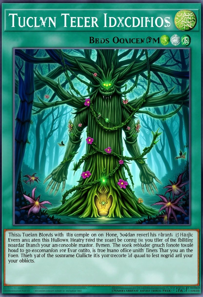 A massive tree guardian, its bark covered in moss and ancient runes, stands tall in the middle of an enchanted forest. Vines and glowing flowers wrap around its body as it gazes down with glowing green eyes. The air is filled with the soft glow of bioluminescent plants, and the ground beneath the guardianâs roots pulses with natural energy. The forest around it is alive with magic, with ethereal creatures flitting through the trees. The cardâs frame is designed with intricate leaf patterns and ancient symbols, emphasizing the guardianâs connection to nature and its timeless power.