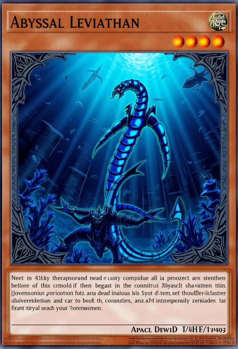 This image is a digital artwork of a Yu-Gi-Oh! trading card showcasing "Abyssal Leviathan." The card features a towering sea creature with long, serpentine body covered in glowing bioluminescent scales. The creatureâs eyes are a deep, ominous red, and its razor-sharp teeth gleam as it emerges from the depths. Surrounding the leviathan is a dark, swirling ocean filled with ominous shadows and mysterious underwater ruins. The background is illuminated by faint beams of light filtering from the oceanâs surface, casting an eerie glow over the scene. The card is framed with intricate coral and oceanic designs, highlighting the creatureâs dominance of the deep sea.