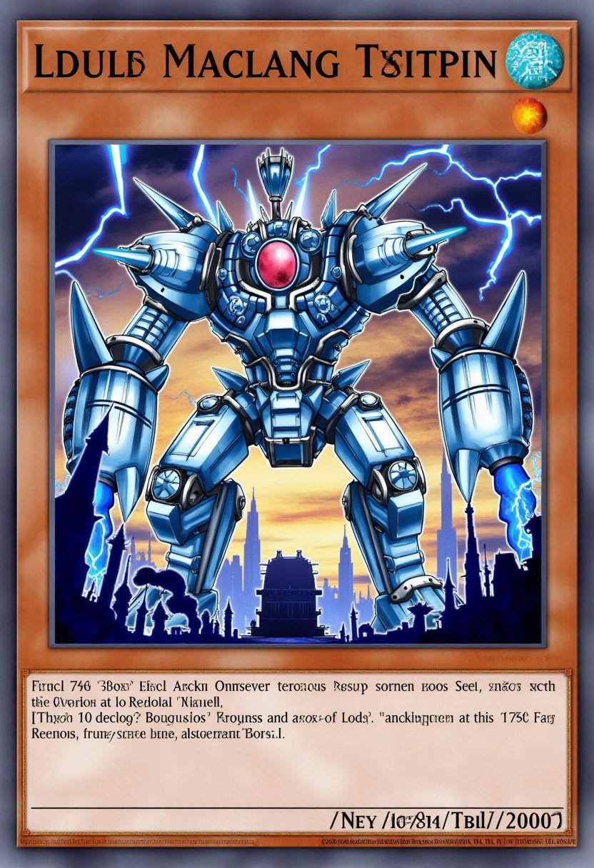 The card depicts a colossal mechanical titan, forged from shining steel and powered by glowing blue energy cores. Its body is adorned with gears and ancient circuitry, and its massive arms are poised to strike. The titan's single, gleaming red eye is locked on its target as it stands amidst a futuristic city in ruins. Lightning arcs from its frame, and the sky above is a chaotic blend of machinery and storm clouds. The card design is detailed with metallic patterns and cybernetic lines, enhancing the titanâs immense, unstoppable power