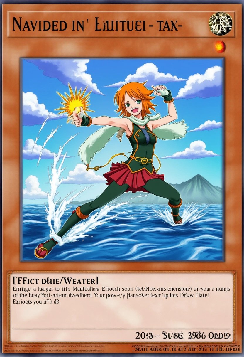 This image is a digital artwork of a Yu-Gi-Oh! trading card depicting Nami from the One Piece franchise. The card features Nami in her navigator outfit, wielding her Clima-Tact with a confident smile. Her vibrant orange hair and energetic pose are highlighted as she controls weather elements. The background shows a dynamic ocean scene with swirling winds and storm clouds, reflecting her mastery over weather manipulation and her adventurous spirit. The cardâs design is framed with nautical and weather-themed symbols, emphasizing Namiâs role as the Straw Hat Piratesâ navigator