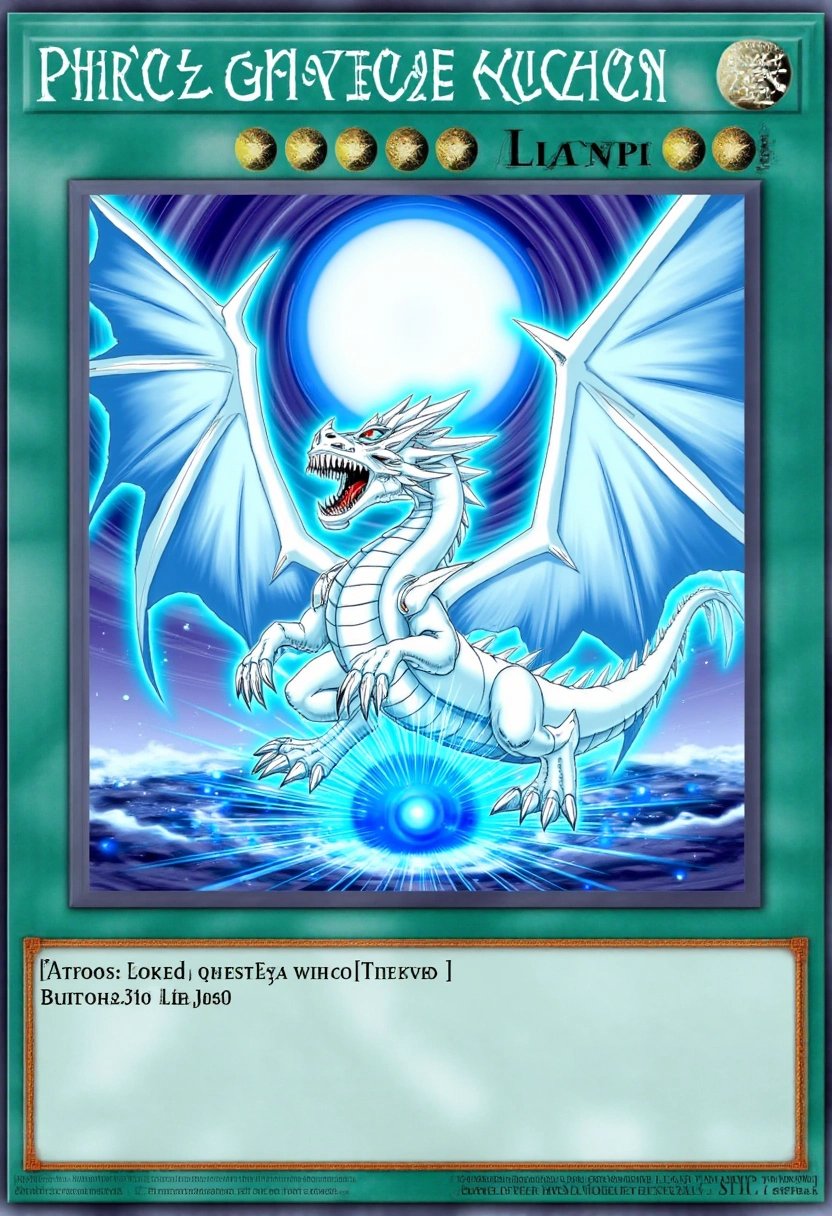 A digital artwork designed as a Yu-Gi-Oh! trading card features the legendary "Blue-Eyes White Dragon." The majestic, gleaming dragon roars fiercely, with its enormous wings spread wide, casting a shadow over a crystalline landscape. Its white scales glisten in the light, giving the dragon an almost metallic sheen as it prepares to unleash a devastating blast of energy from its glowing blue mouth. The sky above swirls with intense magical energy, amplifying the sense of impending destruction. The card's frame is decorated with intricate symbols and metallic patterns, highlighting the dragonâs legendary status and its overwhelming might.