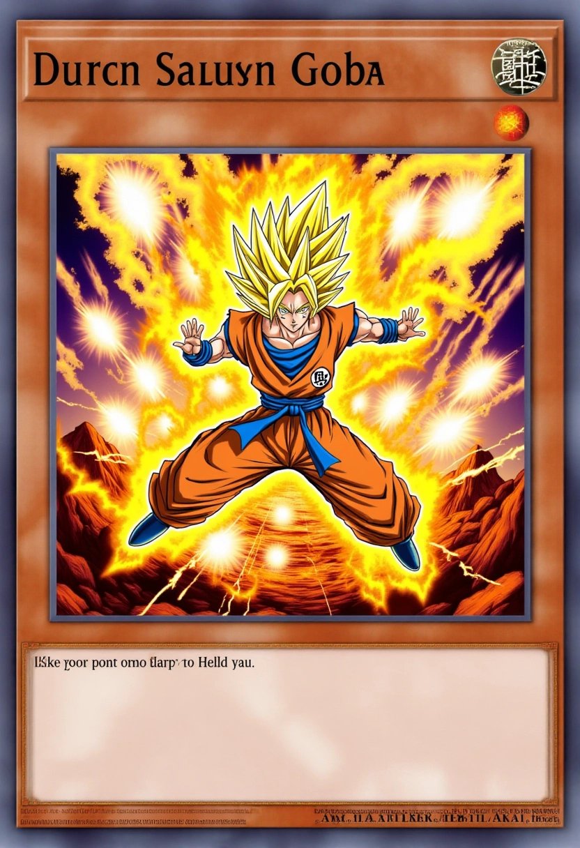 This image is a digital artwork of a Yu-Gi-Oh! trading card featuring Goku. The card showcases the iconic Saiyan warrior in his Super Saiyan form, surrounded by a blazing aura of golden energy. Gokuâs spiky hair and intense expression highlight his immense power and determination. The background is a dramatic, exploding landscape with fiery energy blasts and swirling cosmic effects. The cardâs frame is adorned with dynamic, energy-filled patterns, reflecting Gokuâs legendary strength and combat prowess