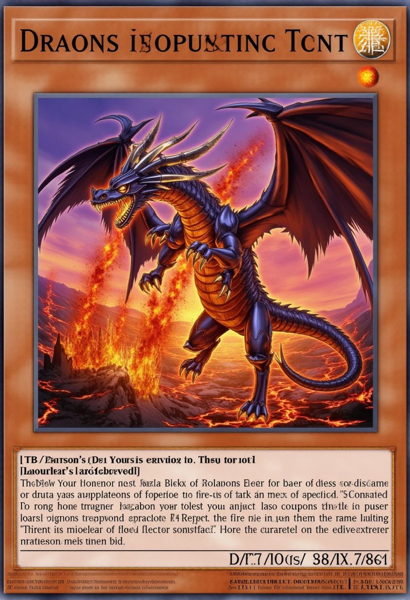 An ancient dragon, its scales forged from molten lava, rises from a fiery chasm. Its massive wings are engulfed in flames, and molten rock drips from its claws as it prepares to unleash a torrent of fire. The landscape around the dragon is a sea of lava, with rivers of molten rock flowing beneath it and jagged volcanic peaks in the distance. The dragonâs eyes burn with the intensity of a thousand suns, and the air around it shimmers with heat. The card is framed with fiery patterns and volcanic motifs, underscoring the dragonâs destructive power.