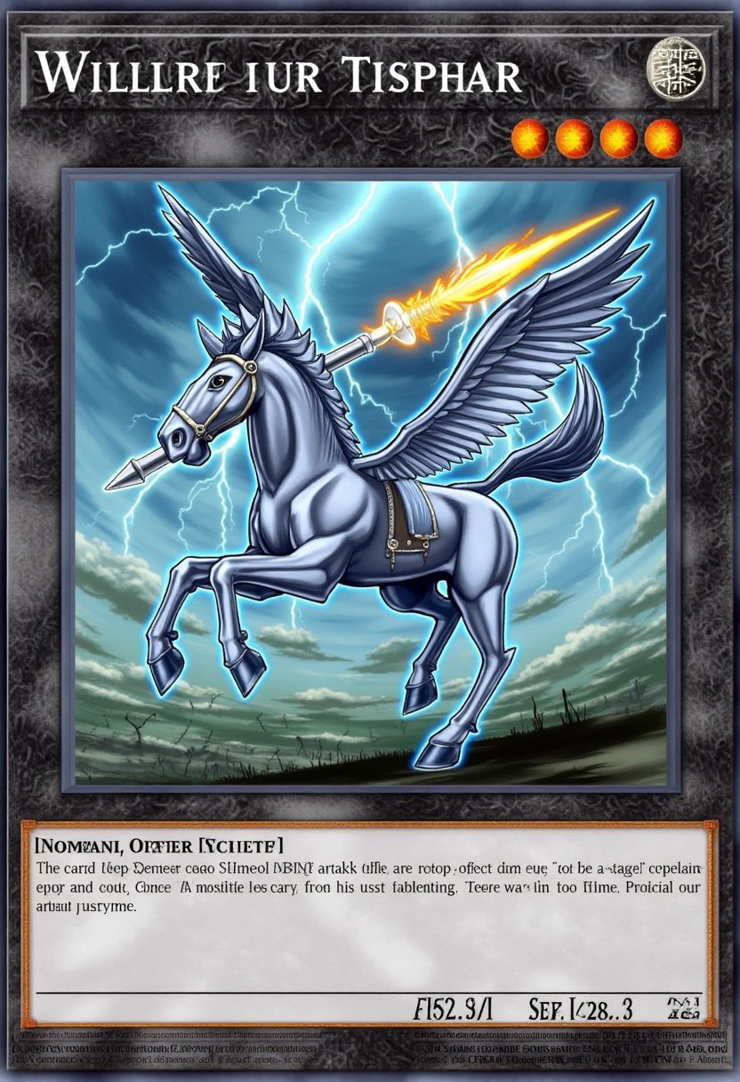 A fierce, winged centaur charges through a stormy battlefield, its muscular horse body galloping at lightning speed. Its humanoid torso wields a glowing spear, aimed with deadly precision. The centaurâs silver armor gleams with divine light as the storm rages around it, with bolts of lightning striking the earth in its wake. The background is a chaotic swirl of clouds, wind, and thunder, amplifying the centaurâs unstoppable momentum. The cardâs frame is etched with celestial symbols and swirling clouds, reinforcing the creatureâs connection to the sky and storms.