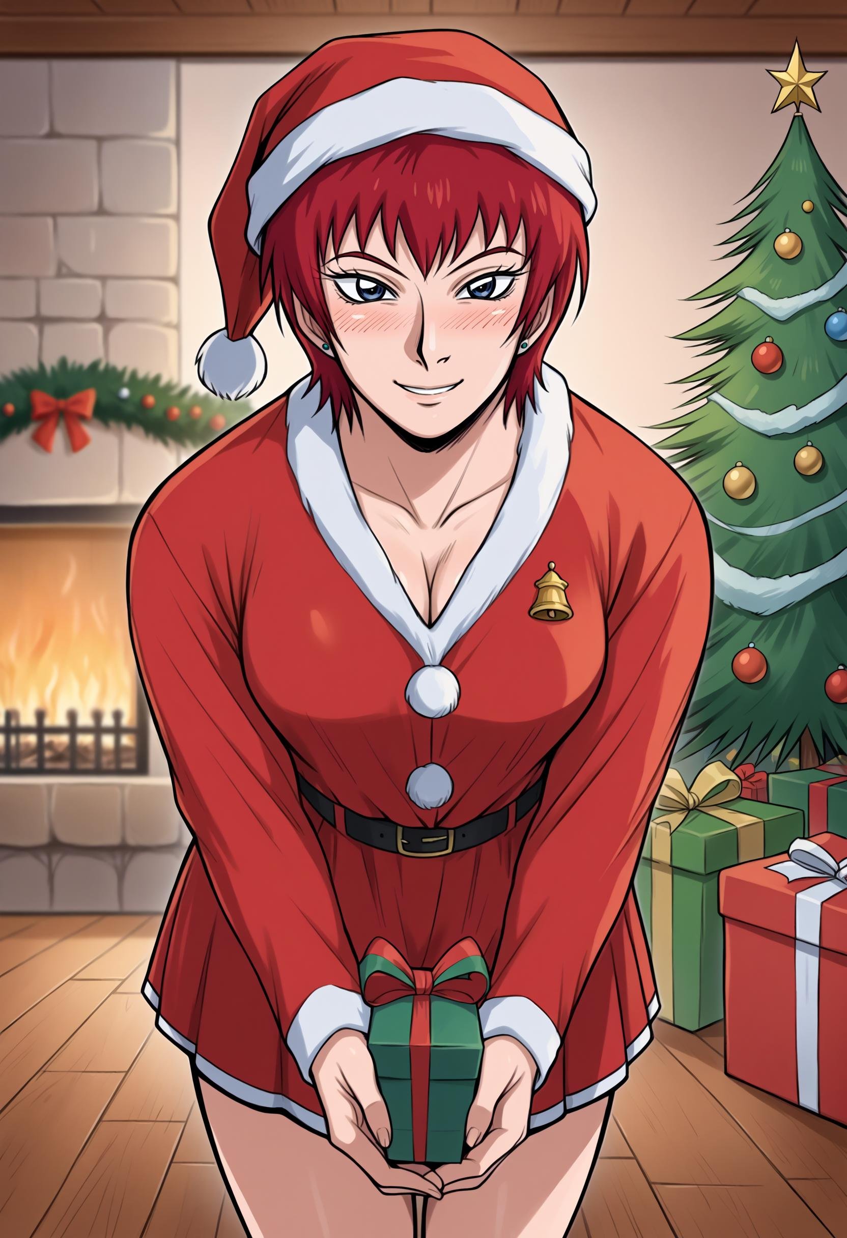 score_9, score_8_up,score_7_up, source_anime, 1girl, solo, <lora:akwmk_pdxl_EliPot:1>, akwmk, tomboy, short hair, red hair, blue eyes,stud earrings, jewelry,  Santa outfit, Santa hat, red skirt with fur trim, Christmas, Christmas tree, looking at viewer, toned, holding gift, in Livingroom, fireplace in background, leaning forward, smiling, blushing, looking at viewer, warm, cozy, pov,