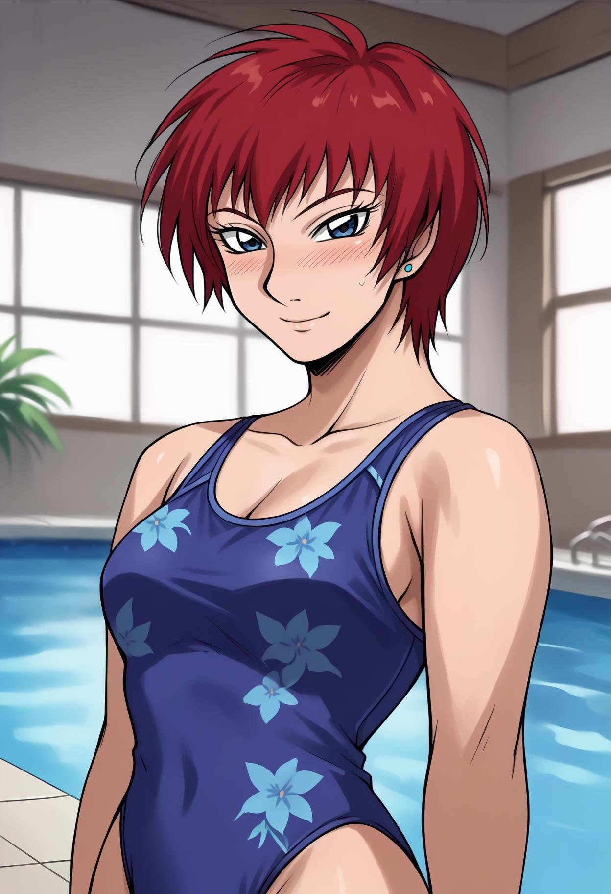 score_9, score_8_up,score_7_up, source_anime, 1girl, solo, <lora:akwmk_pdxl_EliPot:1>, akwmk, tomboy, short hair, red hair, blue eyes,stud earrings, jewelry,  casual one-piece swimsuit, floral print, blue one-piece swimsuit, standing, smile, blush, indoors, pool, 