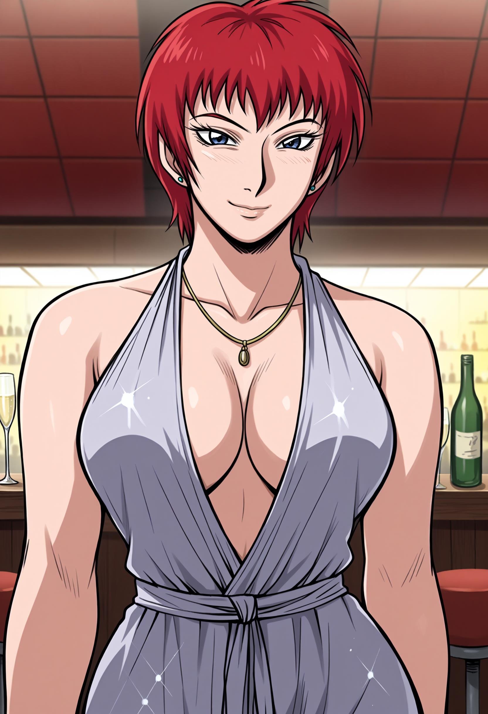 score_9, score_8_up,score_7_up, source_anime, 1girl, solo, <lora:akwmk_pdxl_EliPot:1>, akwmk, tomboy, short hair, red hair, blue eyes,stud earrings, jewelry,  halter dress, silver dress, plunging neckline, necklace, earrings, bare shoulders, large breasts, indoors, nightclub, champagne flute, smile,