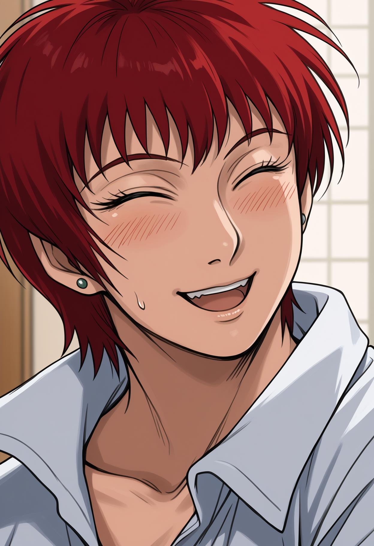 score_9, score_8_up,score_7_up, source_anime, 1girl, solo, <lora:akwmk_pdxl_EliPot:1>, akwmk, tomboy, short hair, red hair, stud earrings, jewelry, white shirt, collared shirt, collarbone, closed eyes, smile, happy, open mouth, upper teeth only,  blush, portrait, close-up, 