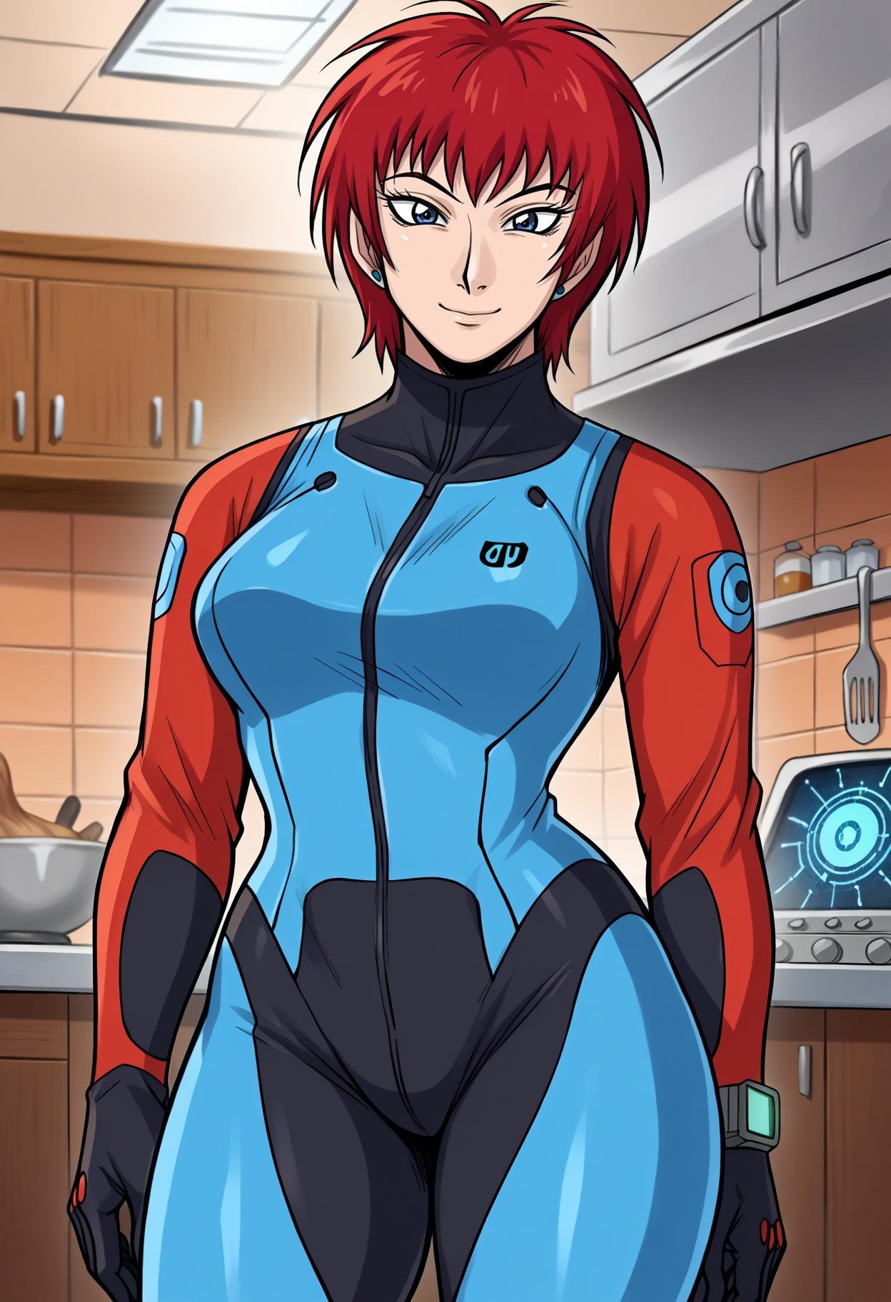 score_9, score_8_up,score_7_up, source_anime, 1girl, solo, <lora:akwmk_pdxl_EliPot:1>, akwmk, tomboy, short hair, red hair, blue eyes,stud earrings, jewelry,  futuristic watch, glowing suit, holographic map, time portal device, tech boots,in the kitchen, kitchen utensils, indoors,scheming, fingers steepled, narrow eyes, sly smile, plotting, shadowy background,